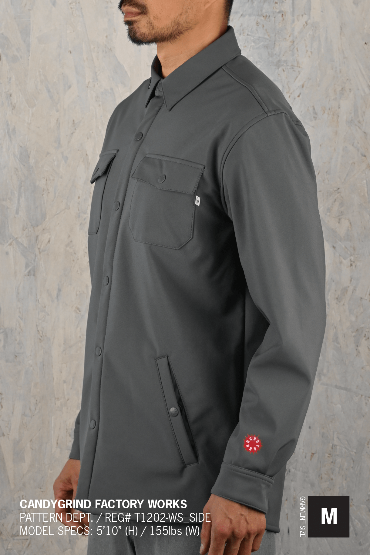 Tech Workshirt featuring custom snap closure, breathable waterproof membrane, and ultra-soft micro fleece lining, designed for comfort and style.