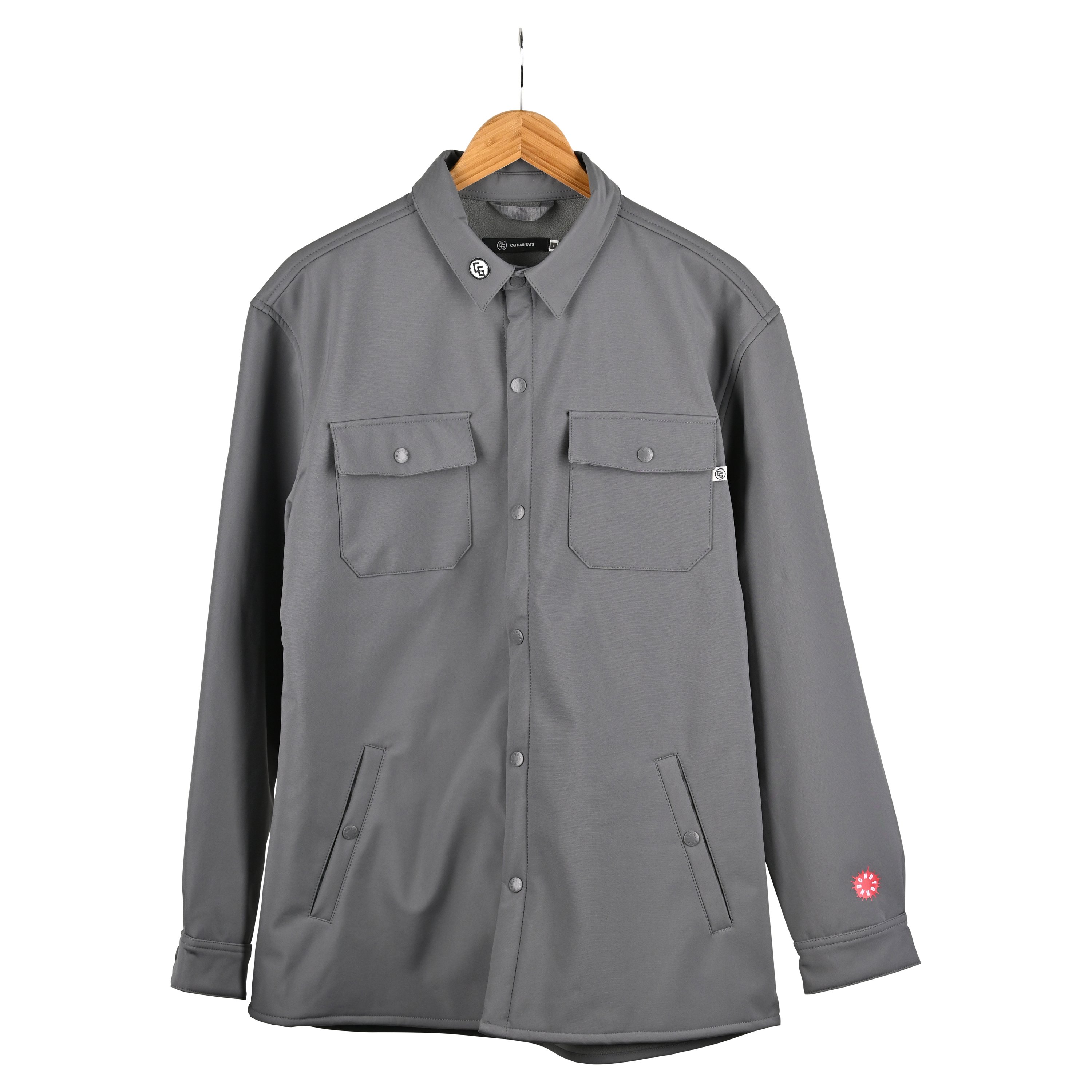 Tech Workshirt featuring custom snap closure, breathable waterproof membrane, and ultra-soft micro fleece lining, designed for comfort and style.