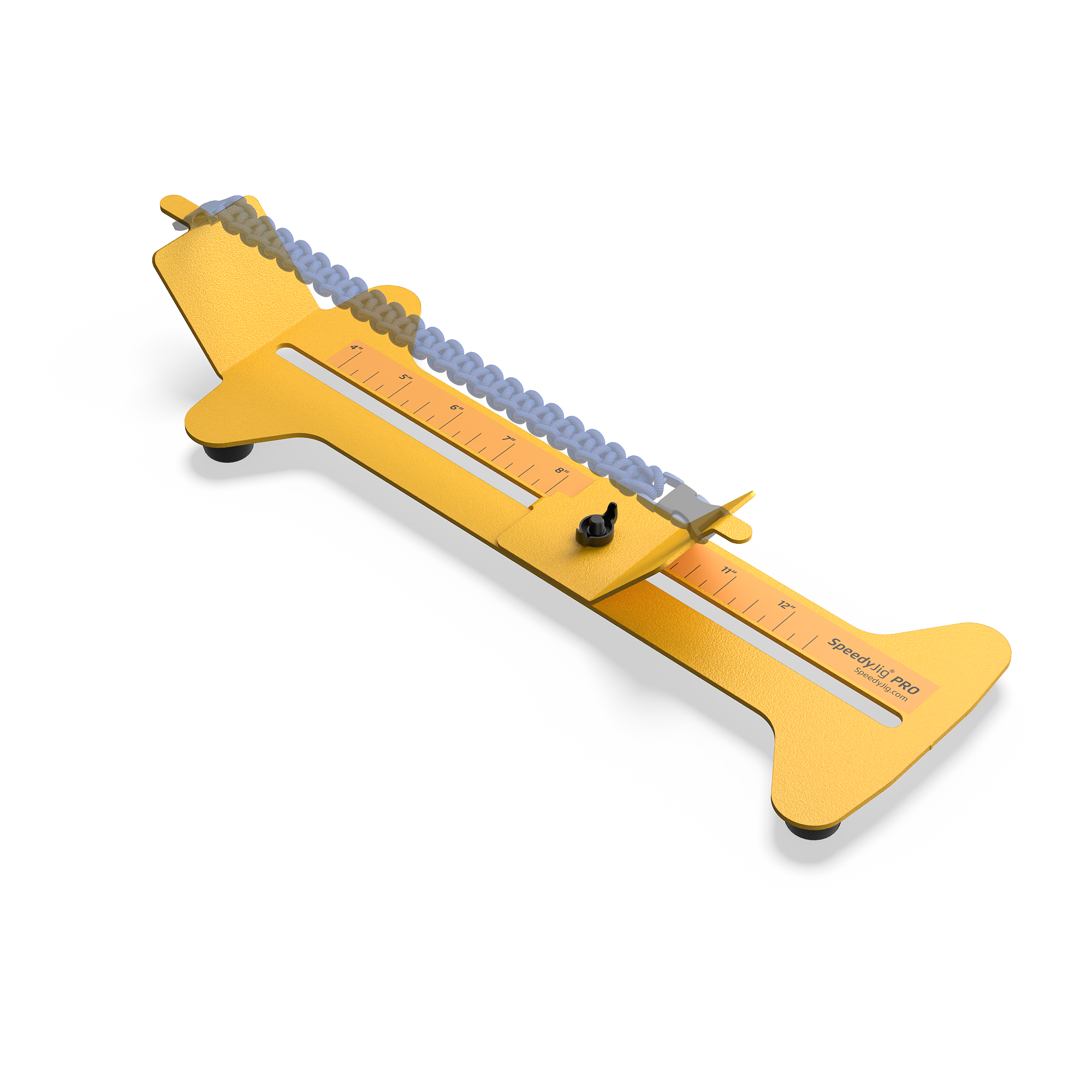 The SpeedyJig Pro, a sturdy metal jig for making paracord bracelets, featuring a wide base and rubber feet for stability.