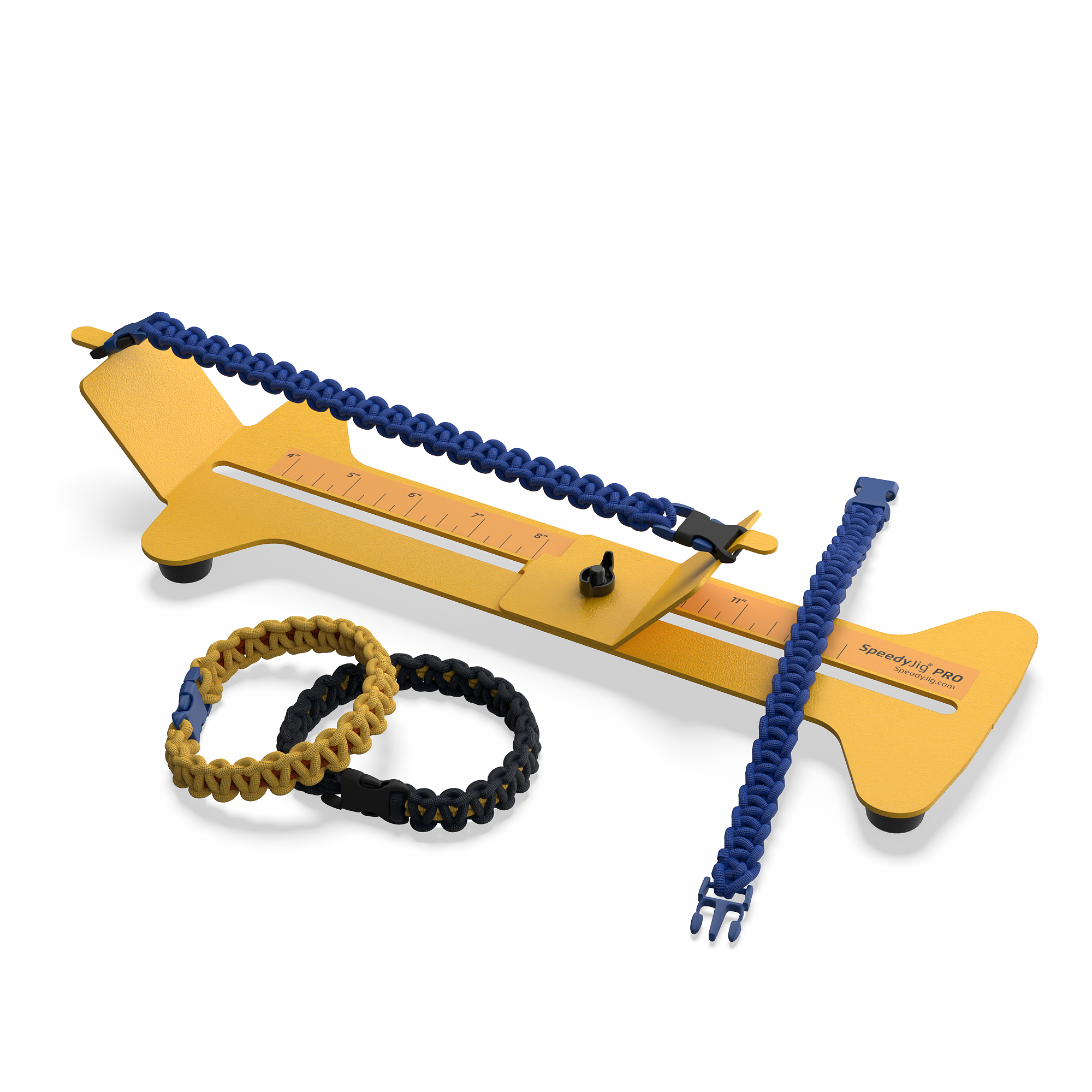 The SpeedyJig Pro, a sturdy metal jig for making paracord bracelets, featuring a wide base and rubber feet for stability.