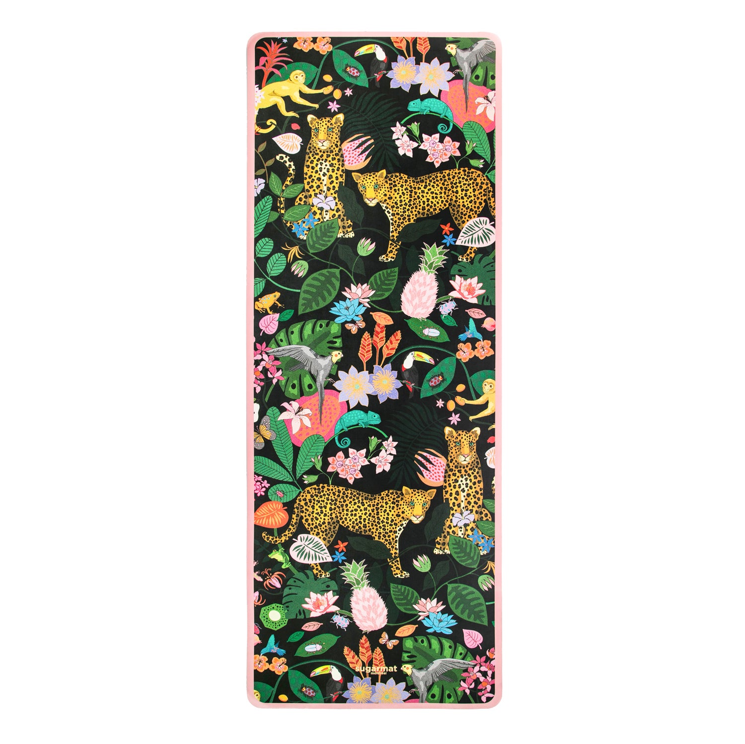 The Spotty Paradise LUX PU Yoga Mat featuring vibrant flora and fauna design, perfect for yoga enthusiasts.