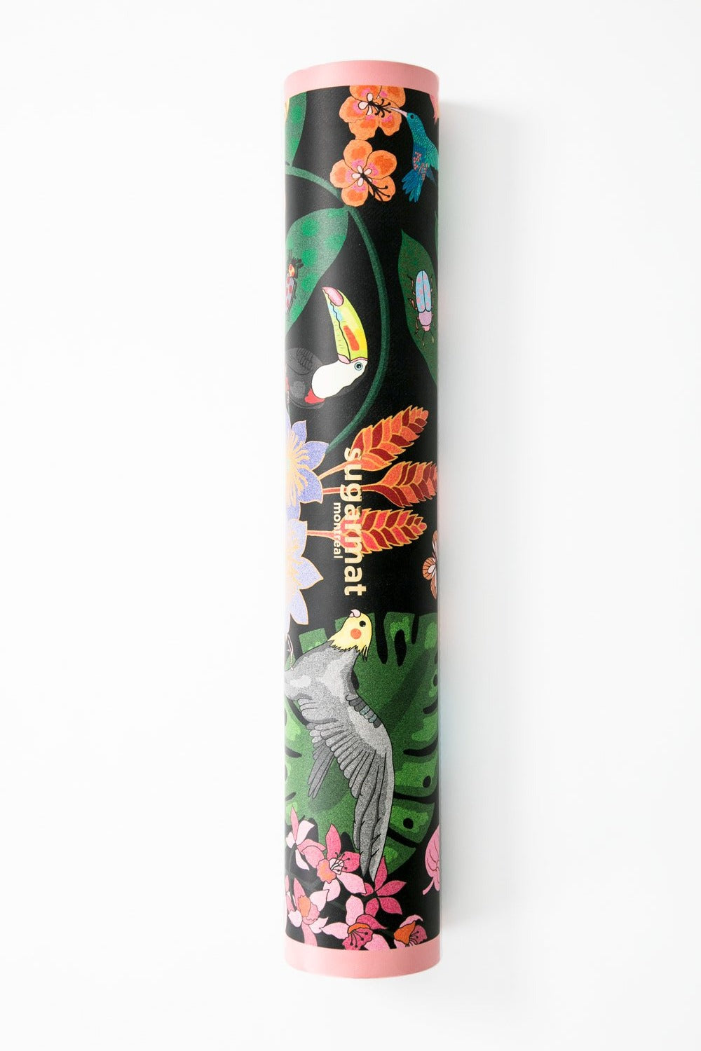 The Spotty Paradise LUX PU Yoga Mat featuring vibrant flora and fauna design, perfect for yoga enthusiasts.