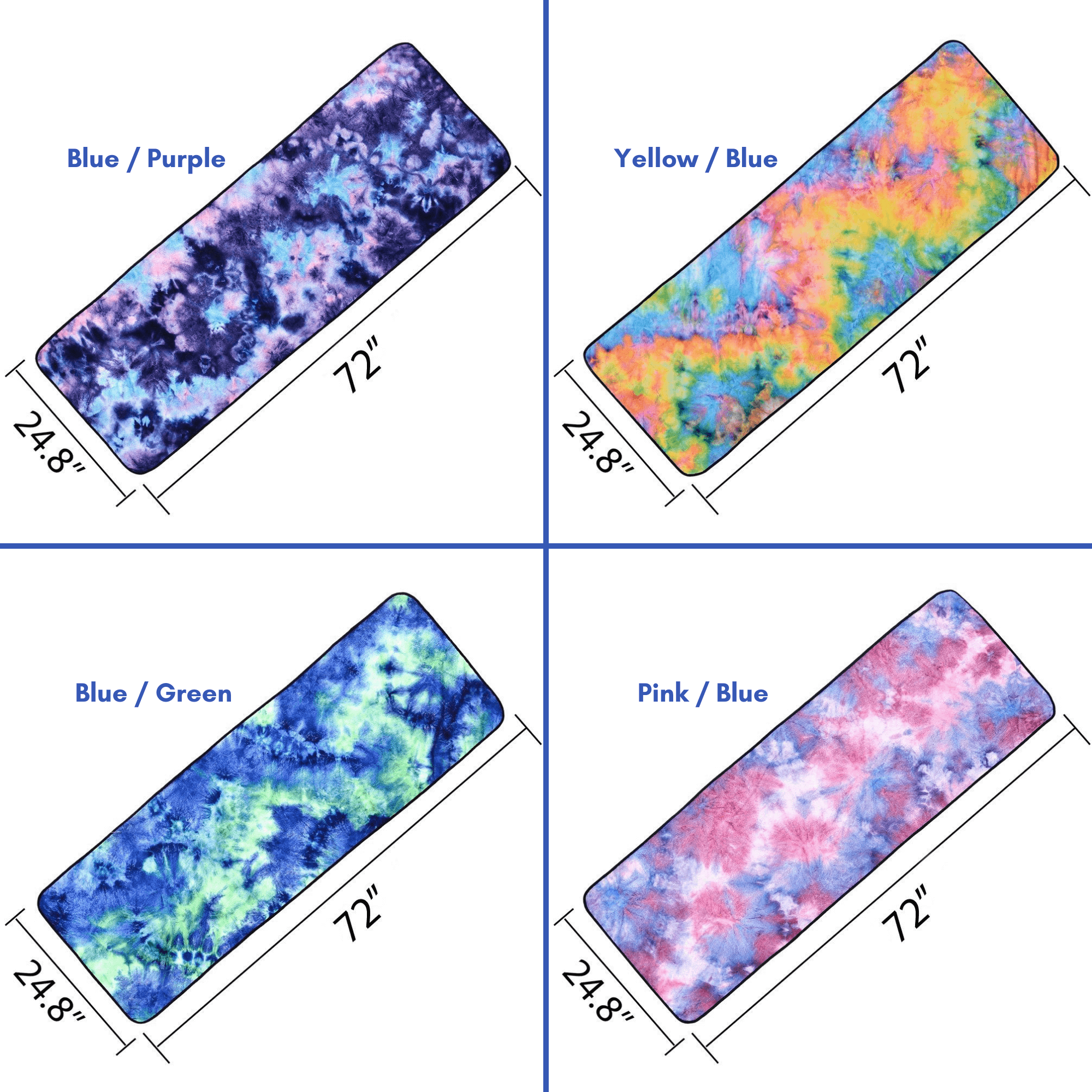 Colorful Tie Dye Yoga Mat Towel with slip-resistant grip dots, designed for hot yoga and fitness activities.