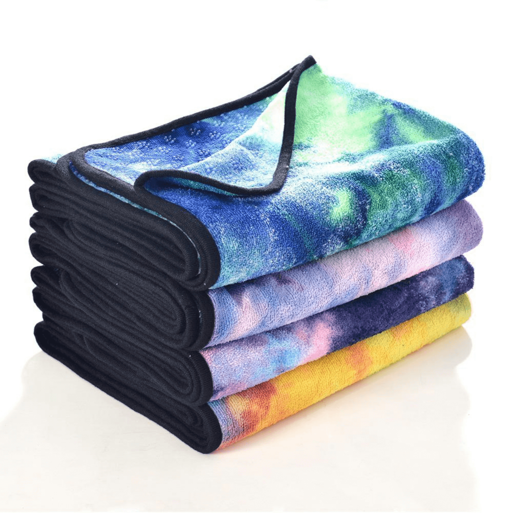 Colorful Tie Dye Yoga Mat Towel with slip-resistant grip dots, designed for hot yoga and fitness activities.