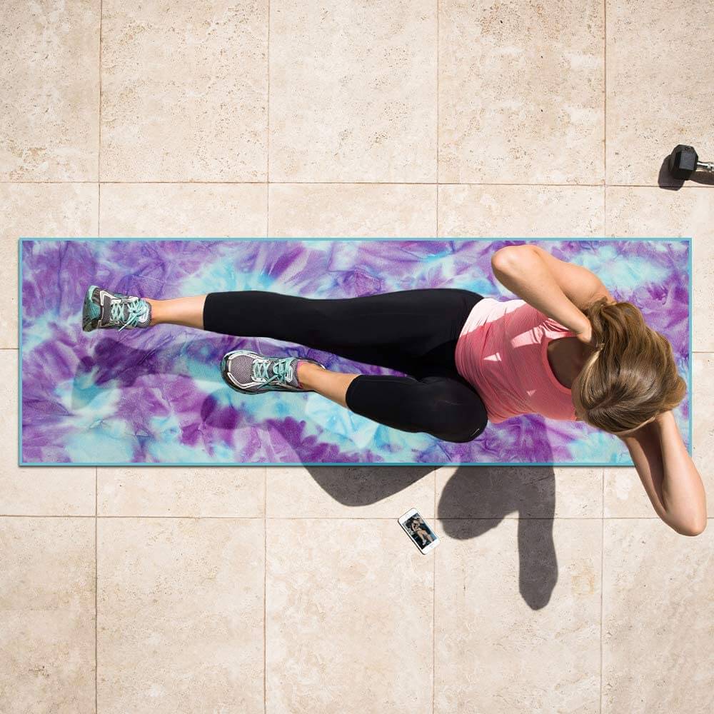 Colorful Tie Dye Yoga Mat Towel with slip-resistant grip dots, designed for hot yoga and fitness activities.