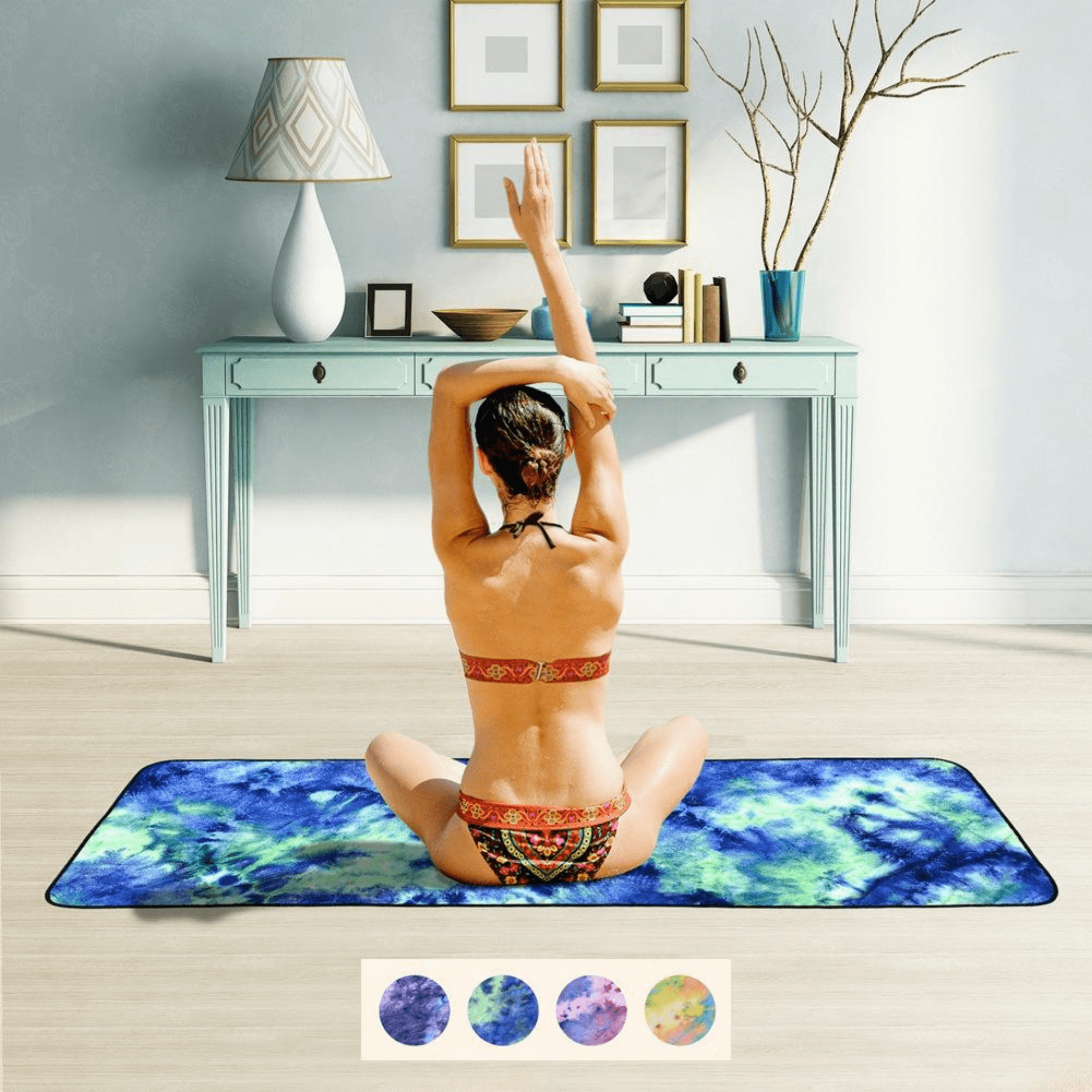 Colorful Tie Dye Yoga Mat Towel with slip-resistant grip dots, designed for hot yoga and fitness activities.