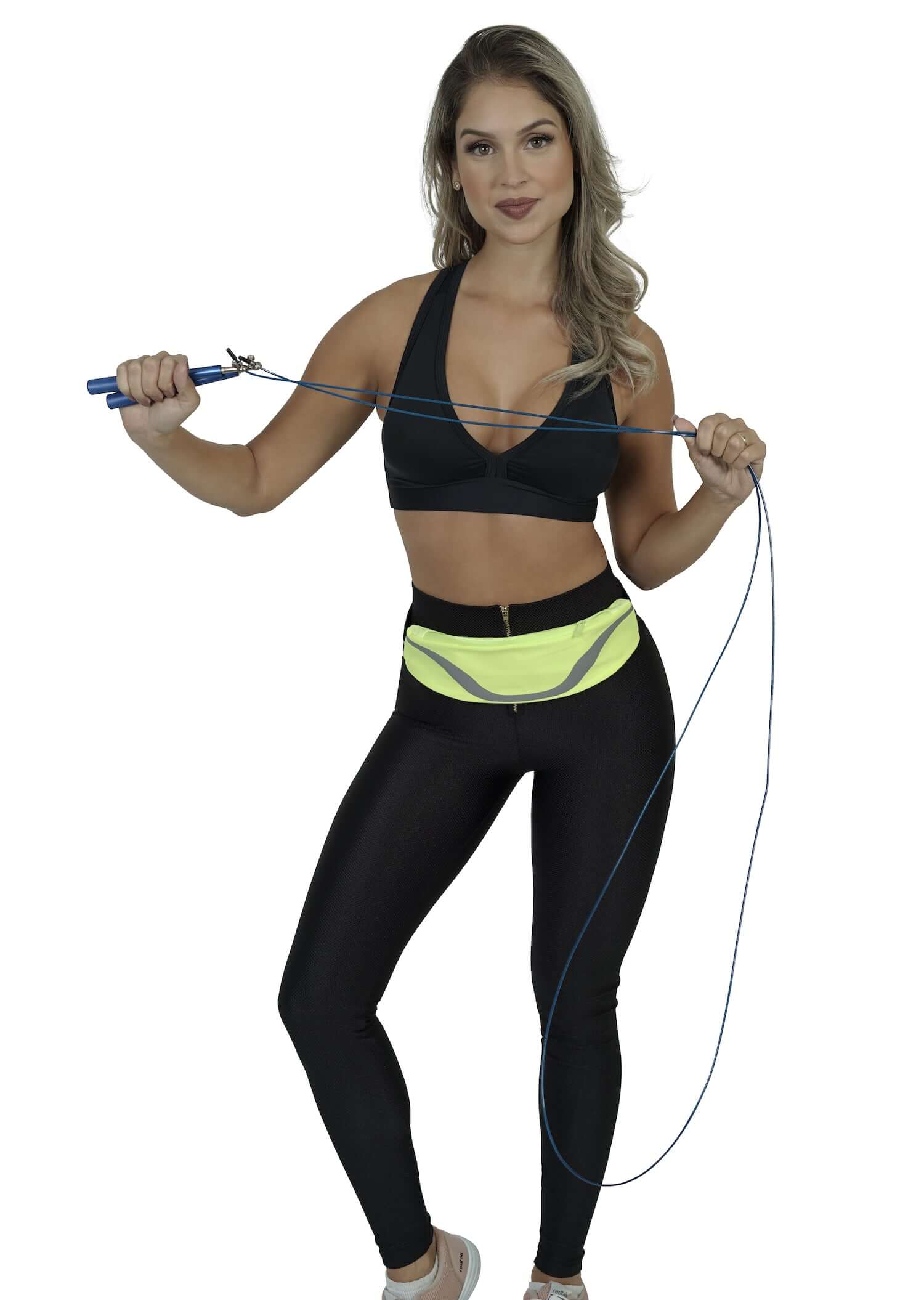 A weighted jump rope with adjustable steel wire cable, featuring sure-grip handles and a compact design for portable workouts.