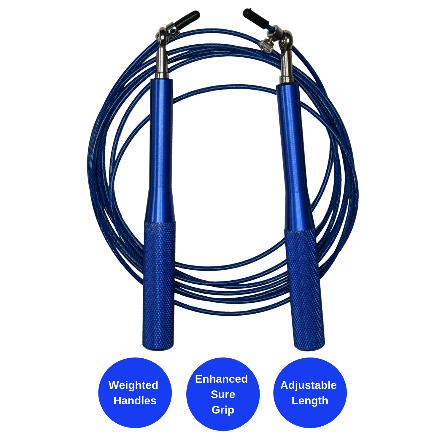 A weighted jump rope with adjustable steel wire cable, featuring sure-grip handles and a compact design for portable workouts.