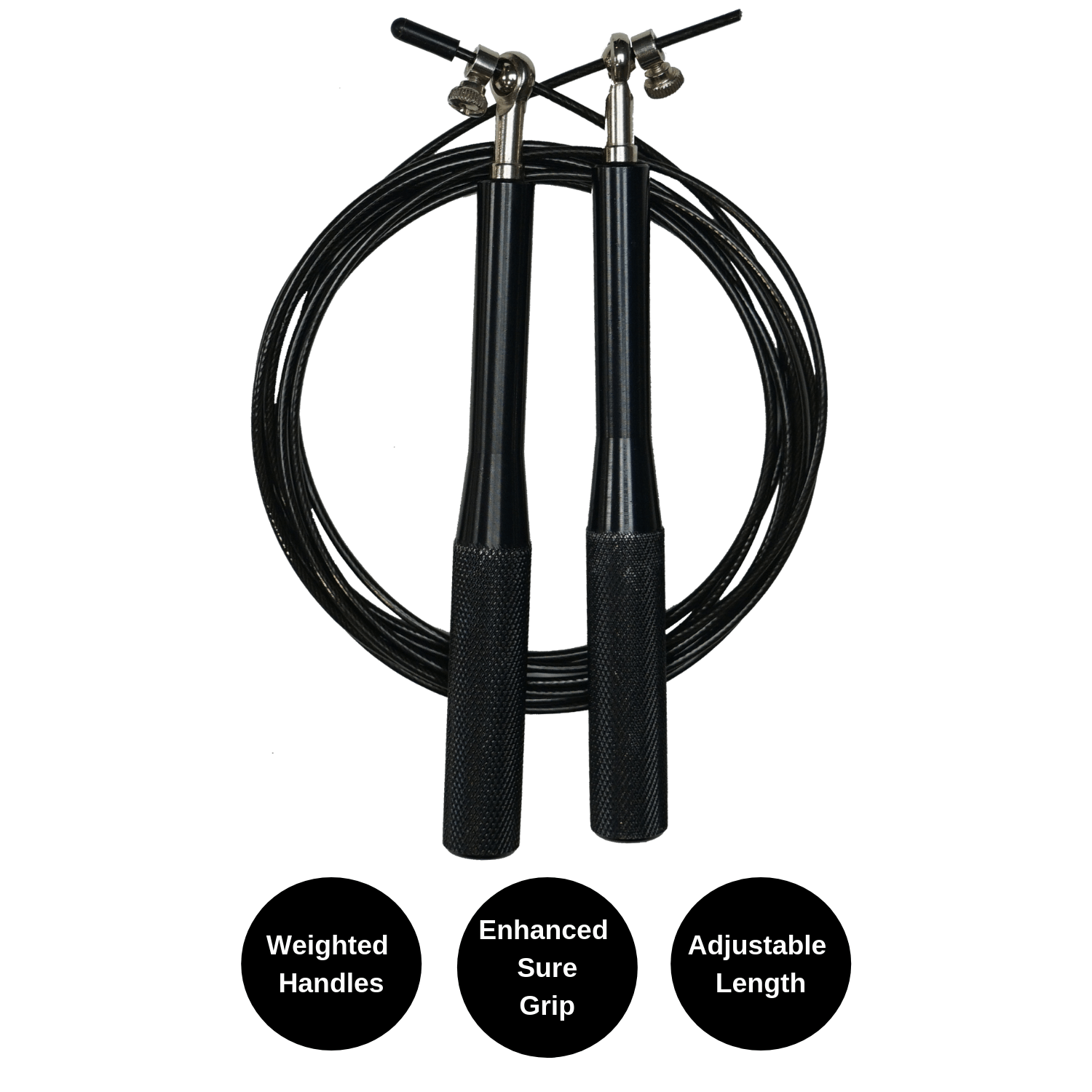 A weighted jump rope with adjustable steel wire cable, featuring sure-grip handles and a compact design for portable workouts.