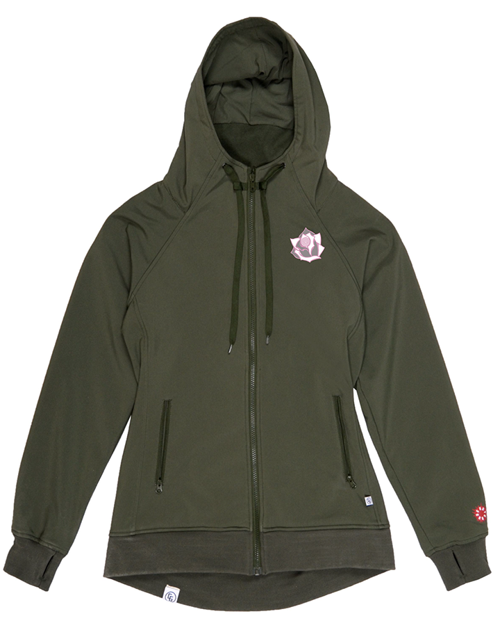 Women's Tech Zip Hoodie featuring a flower logo, designed with waterproof fabric, a marsupial pocket in the hood, and YKK zippered pockets.