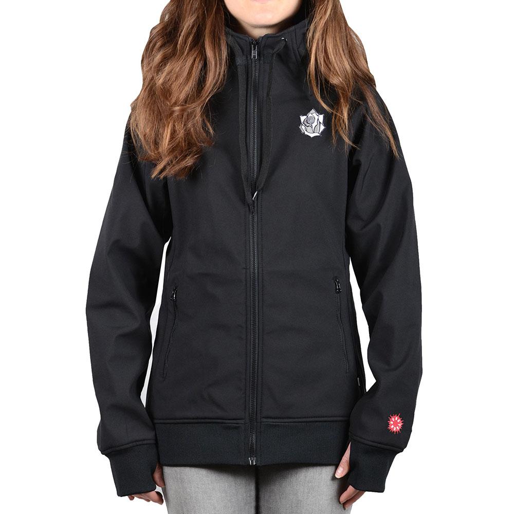 Women's Tech Zip Hoodie featuring a flower logo, designed with waterproof fabric, a marsupial pocket in the hood, and YKK zippered pockets.