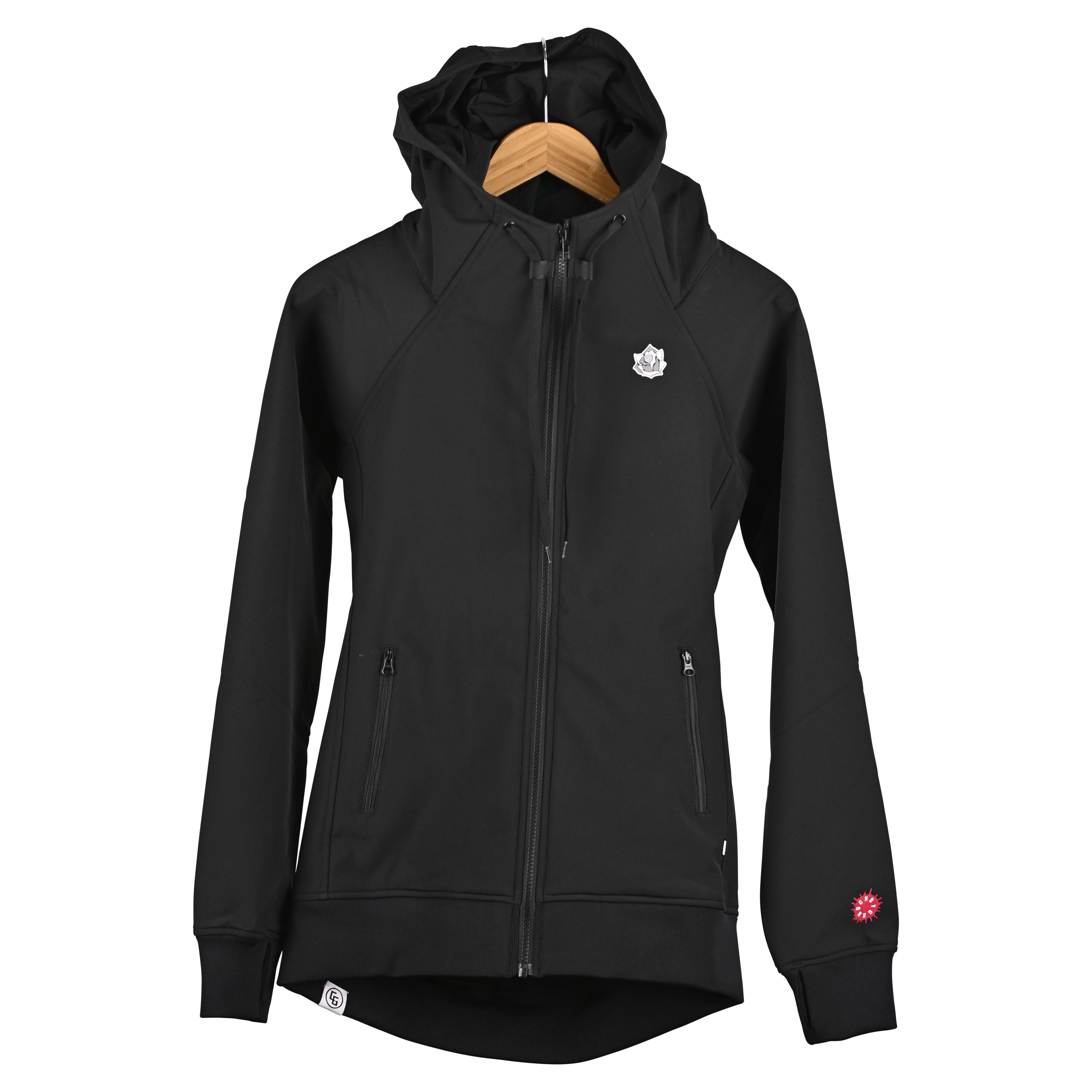 Women's Tech Zip Hoodie featuring a marsupial pocket, YKK zippers, and a breathable waterproof membrane, designed for comfort and style.