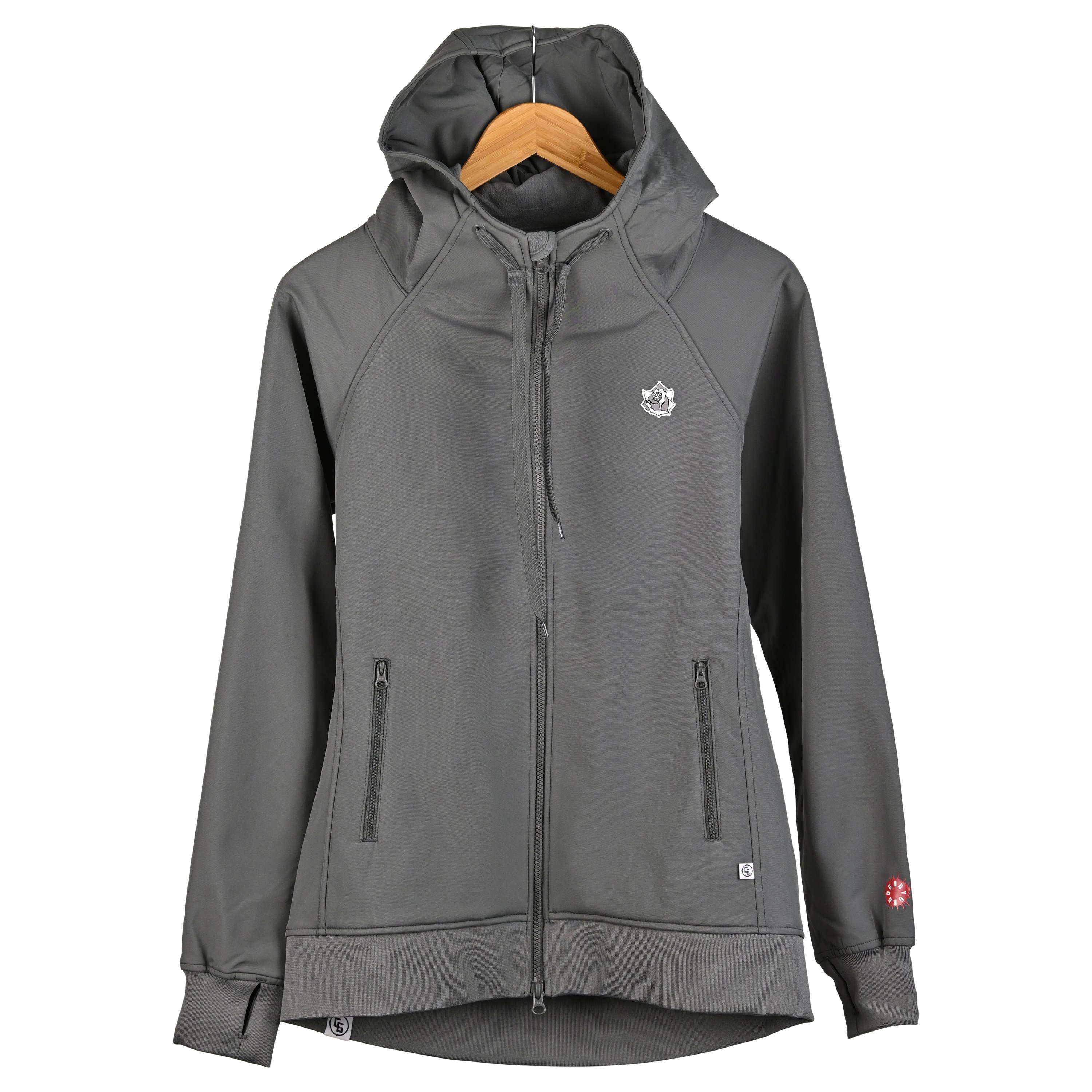 Women's Tech Zip Hoodie featuring a marsupial pocket, YKK zippers, and a breathable waterproof membrane, designed for comfort and style.