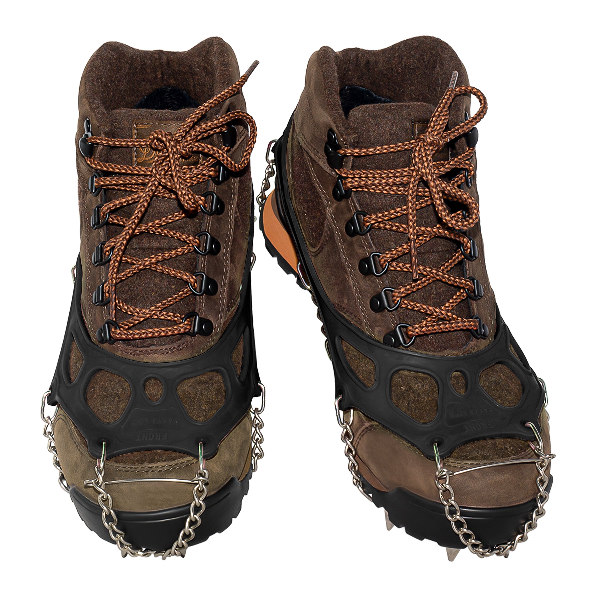 Yatta Life Ice Spikes for traction on snow and ice, featuring durable stainless steel spikes and chains, designed for winter activities.