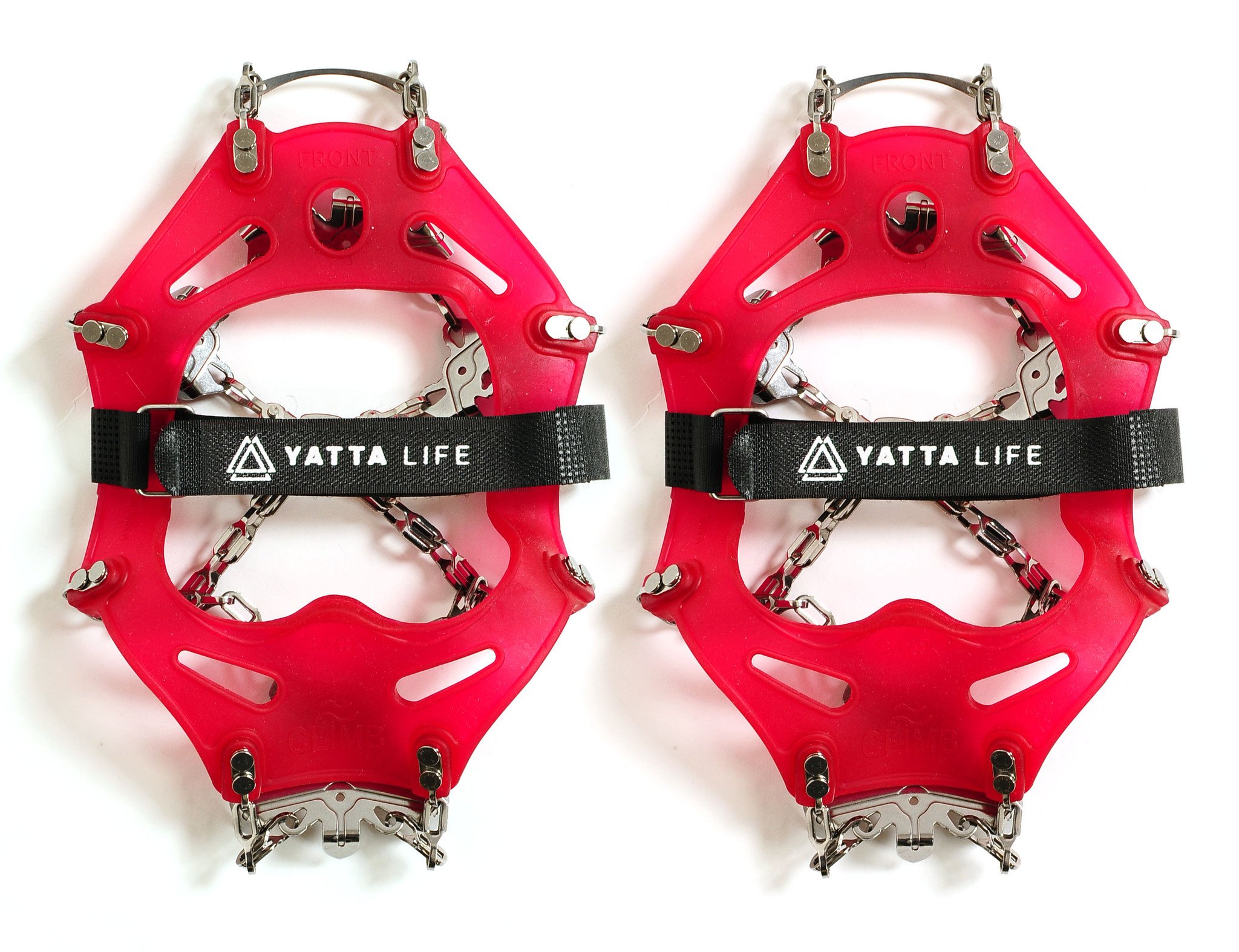 Yatta Life Trail Spikes Crampon Ice Grips in a compact pouch, showcasing durable stainless steel spikes and elastomer harness for secure fit.