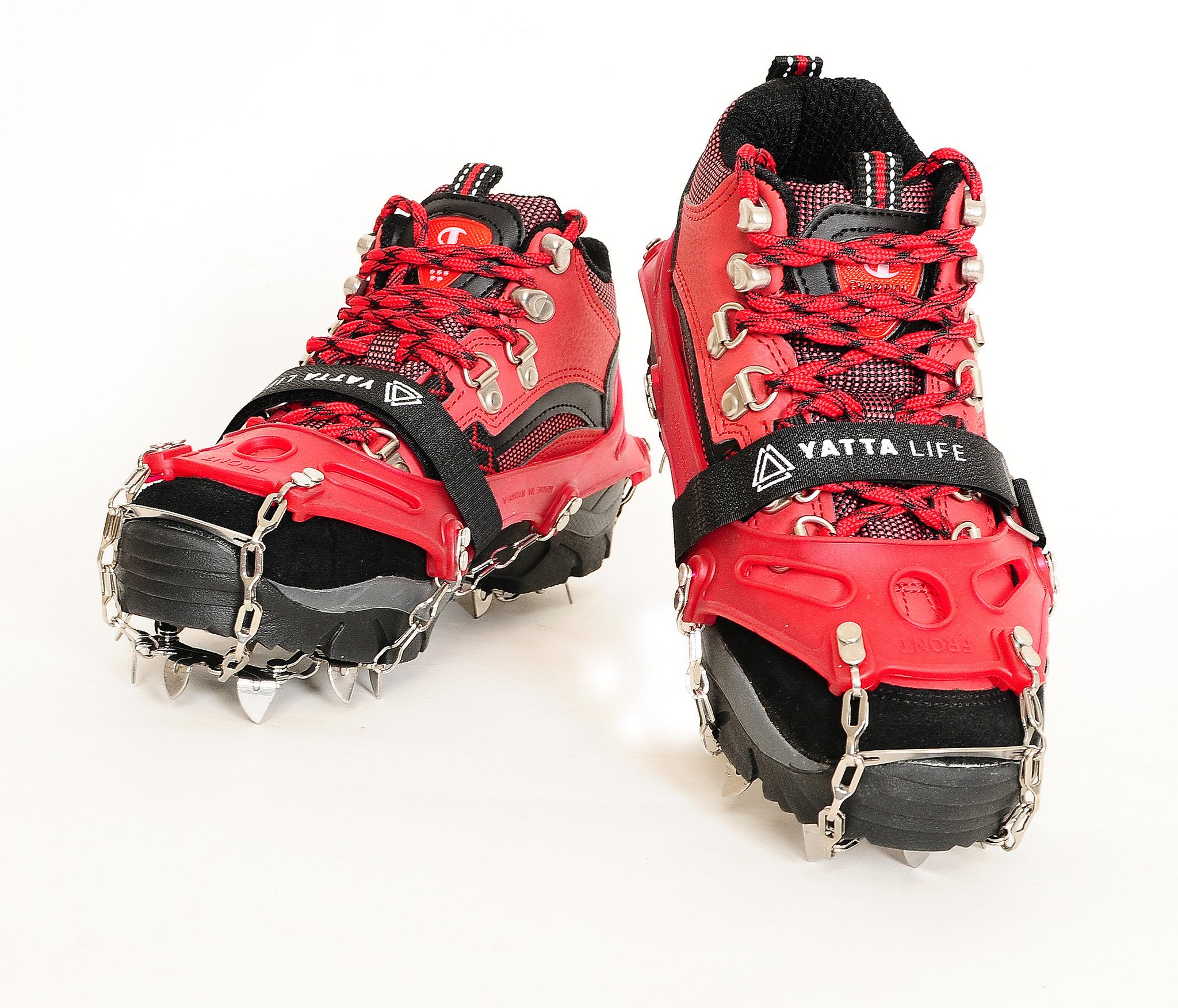 Yatta Life Trail Spikes Crampon Ice Grips in a compact pouch, showcasing durable stainless steel spikes and elastomer harness for secure fit.