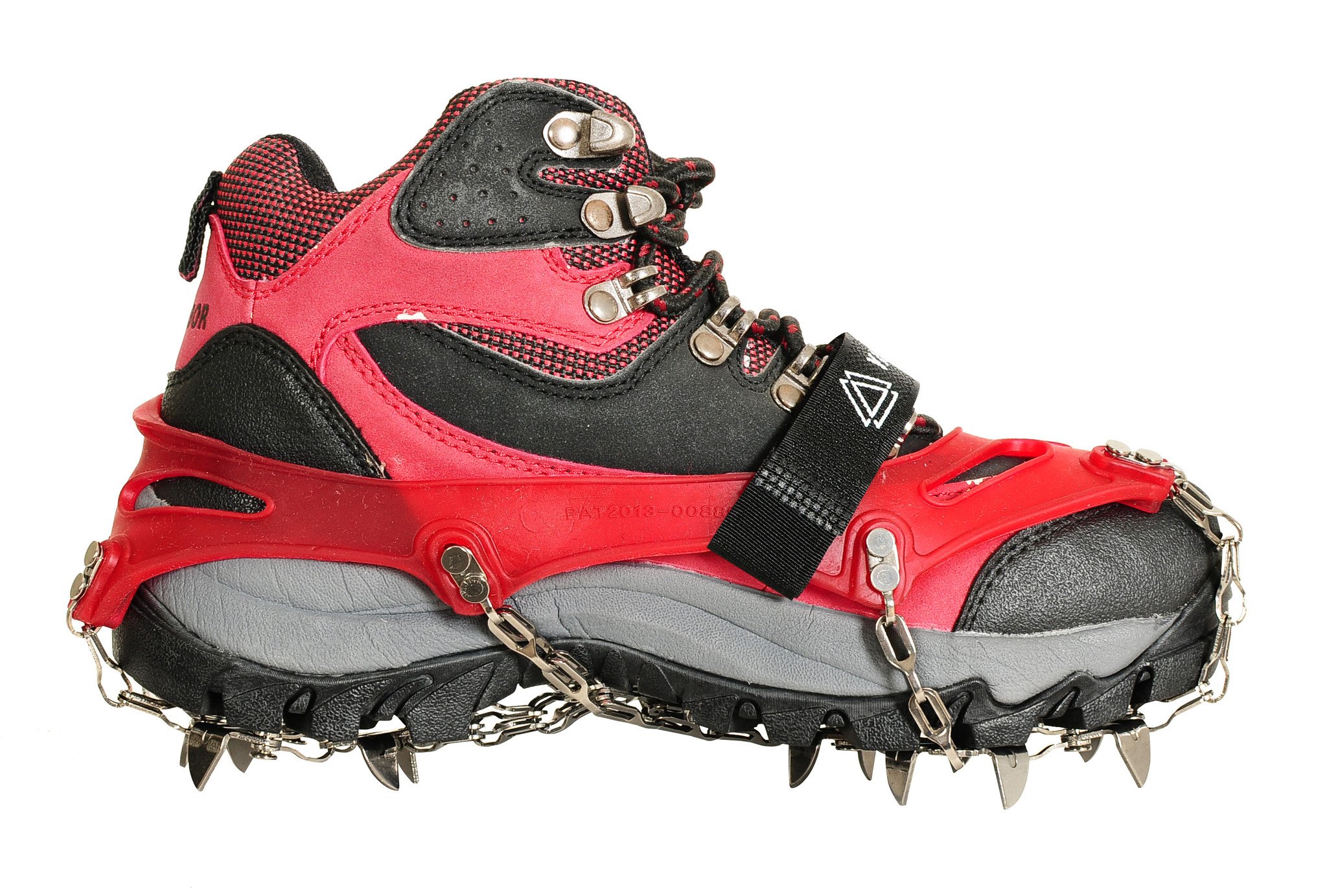 Yatta Life Trail Spikes Crampon Ice Grips in a compact pouch, showcasing durable stainless steel spikes and elastomer harness for secure fit.