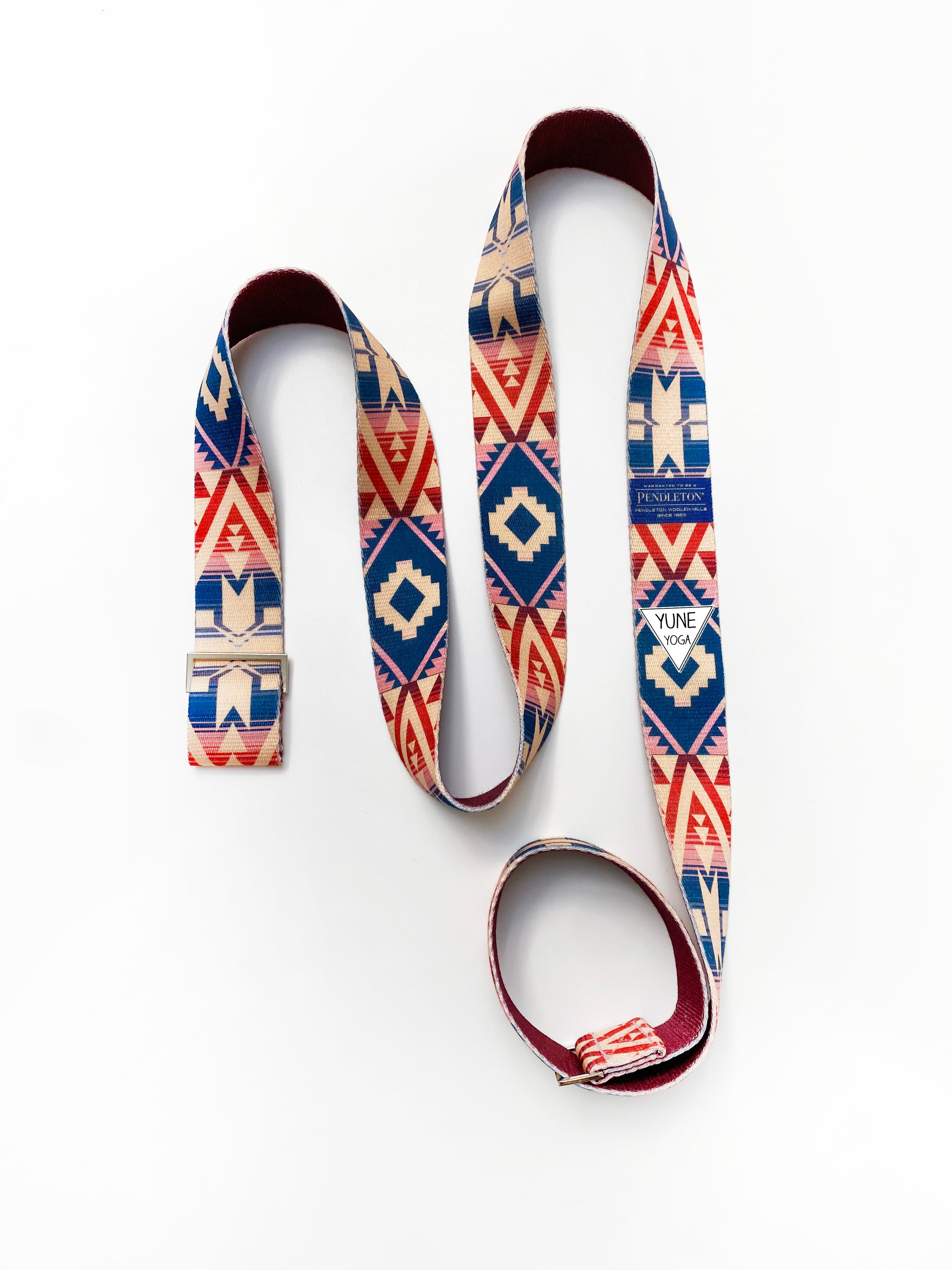 Pendleton Canyonlands Yoga Strap made of 100% cotton with metal buckles, measuring 60 inches by 2 inches, ideal for yoga and stretching.