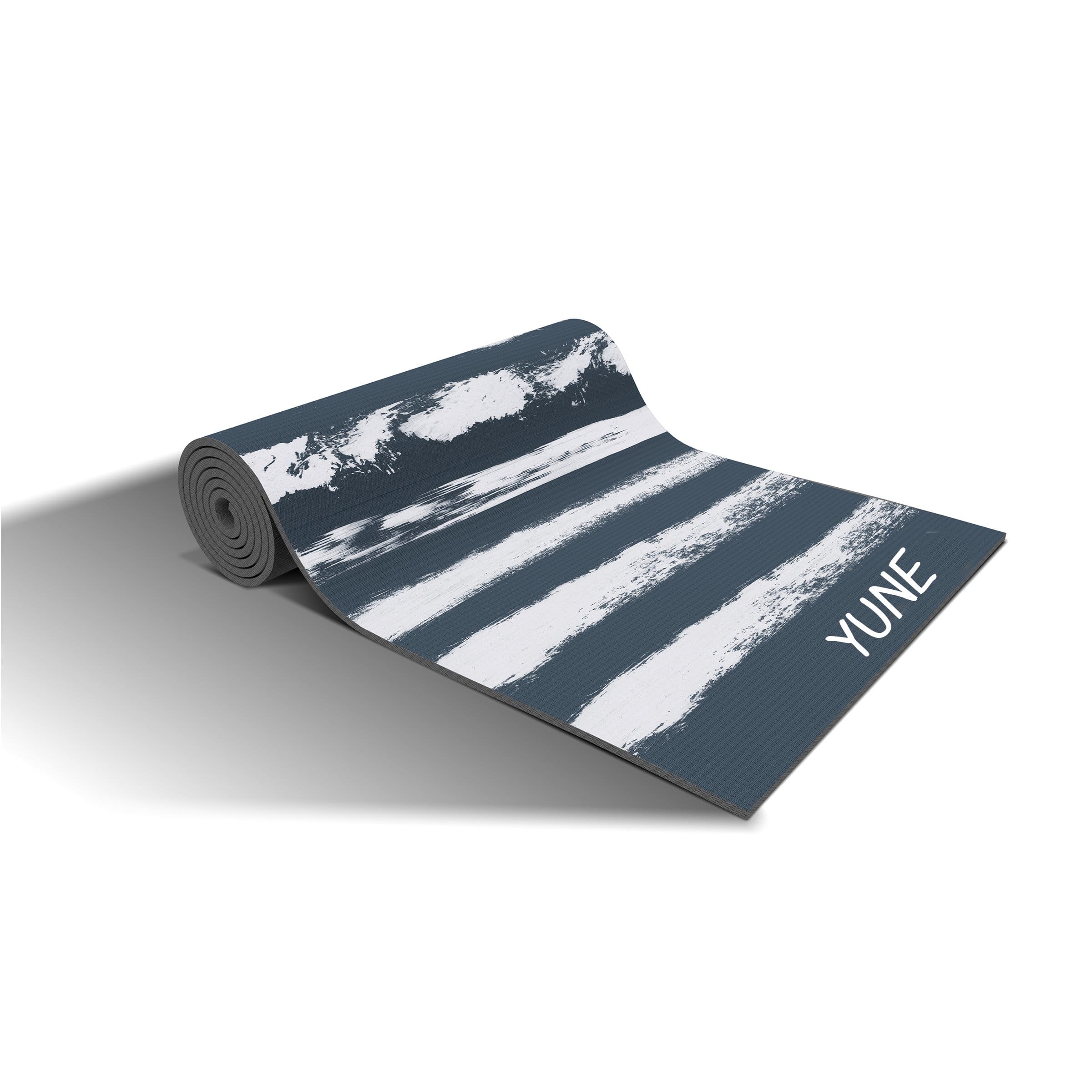 Yune Yoga Blue Striped Stretching Mat showcasing its non-slip surface and eco-friendly design, perfect for yoga and exercise.