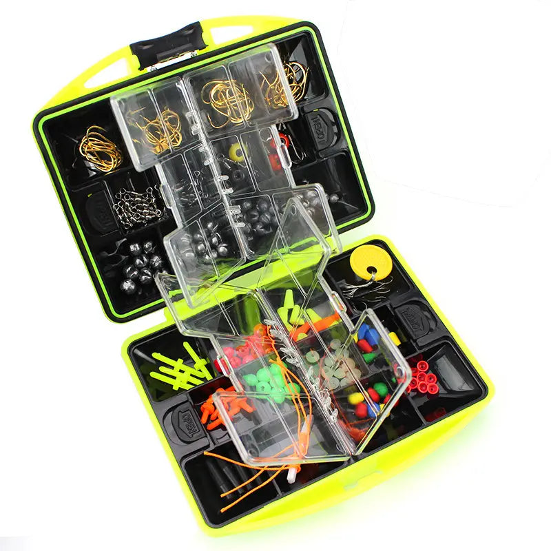 Open tackle box with fishing gear.