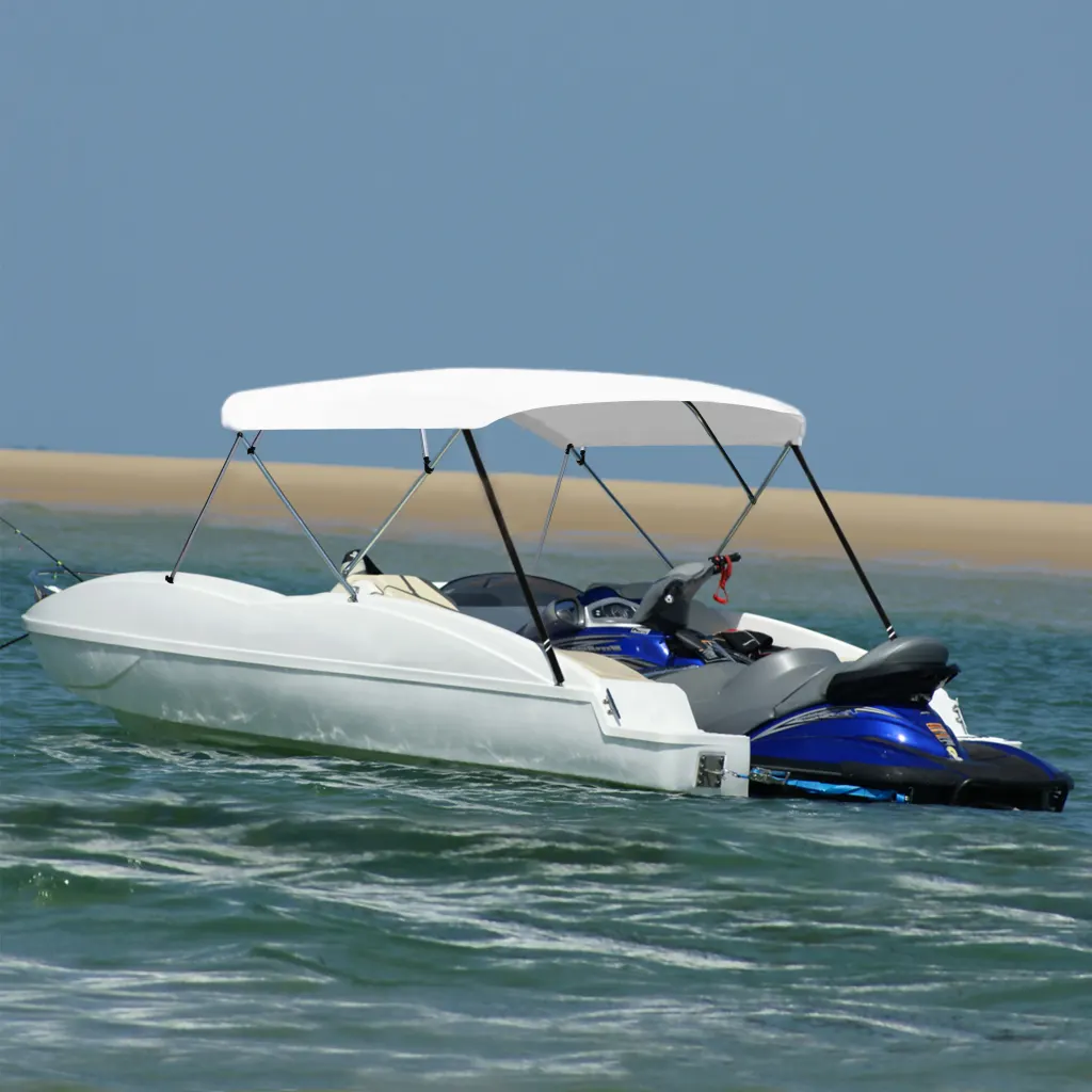 A durable 4 Bow Bimini Top with a sturdy anodized aluminum frame, providing shade and protection for boaters against sun and rain.