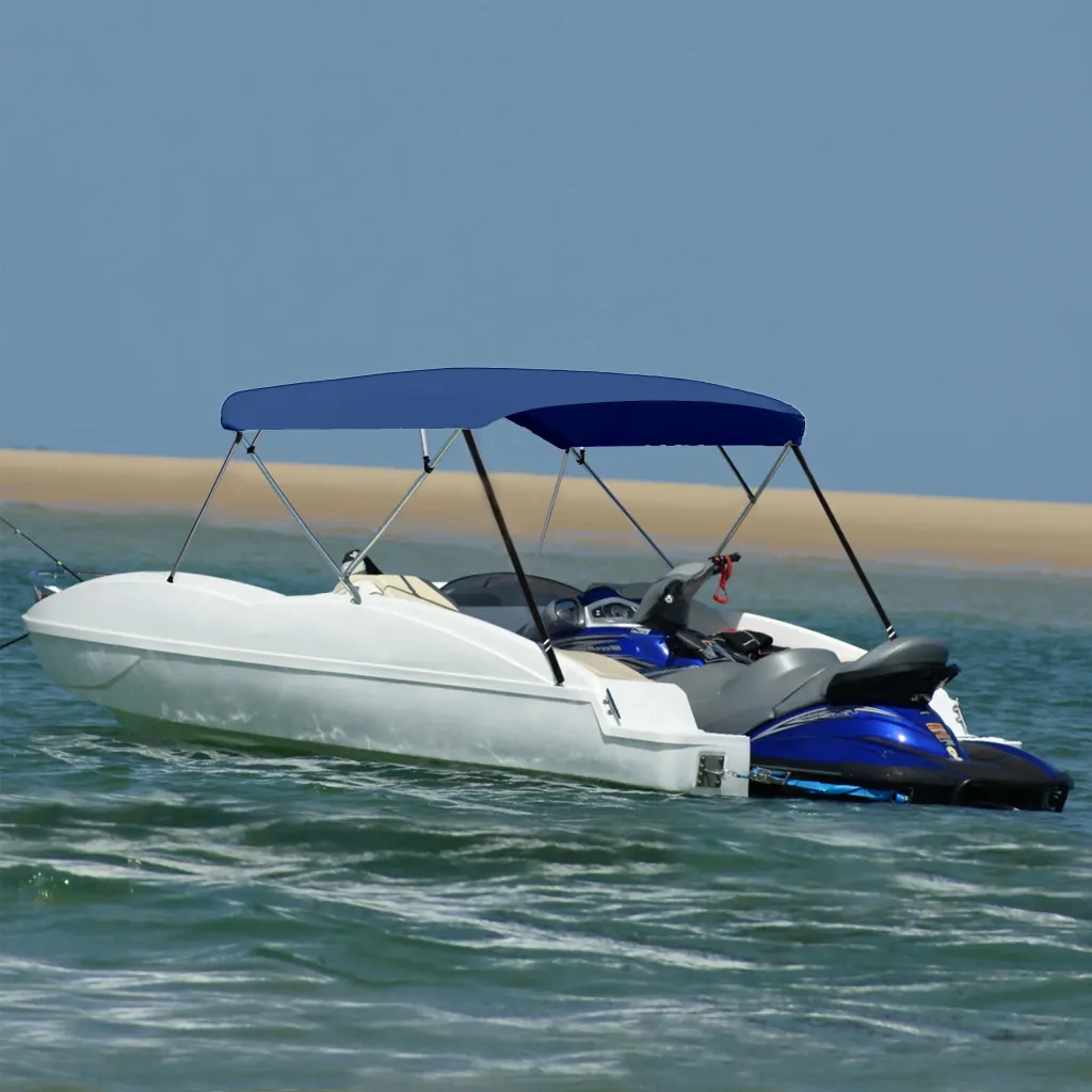 A durable 4 Bow Bimini Top with a sturdy anodized aluminum frame, providing shade and protection for boaters against sun and rain.