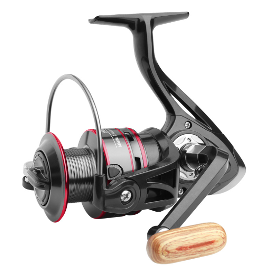 8KG Spinning Reel in black and red color, showcasing its CNC alloy spool and zinc alloy main gear, designed for high performance fishing.