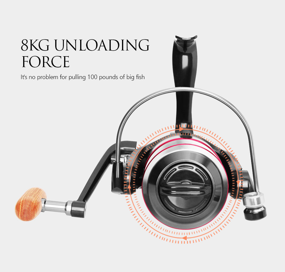 8KG Spinning Reel in black and red color, showcasing its CNC alloy spool and zinc alloy main gear, designed for high performance fishing.