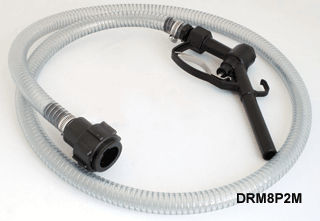 Action Pump IBC-DRM-8P2M 55-gallon dispensing kit featuring an 8-foot PVC hose and polypropylene nozzle, designed for efficient liquid transfer.