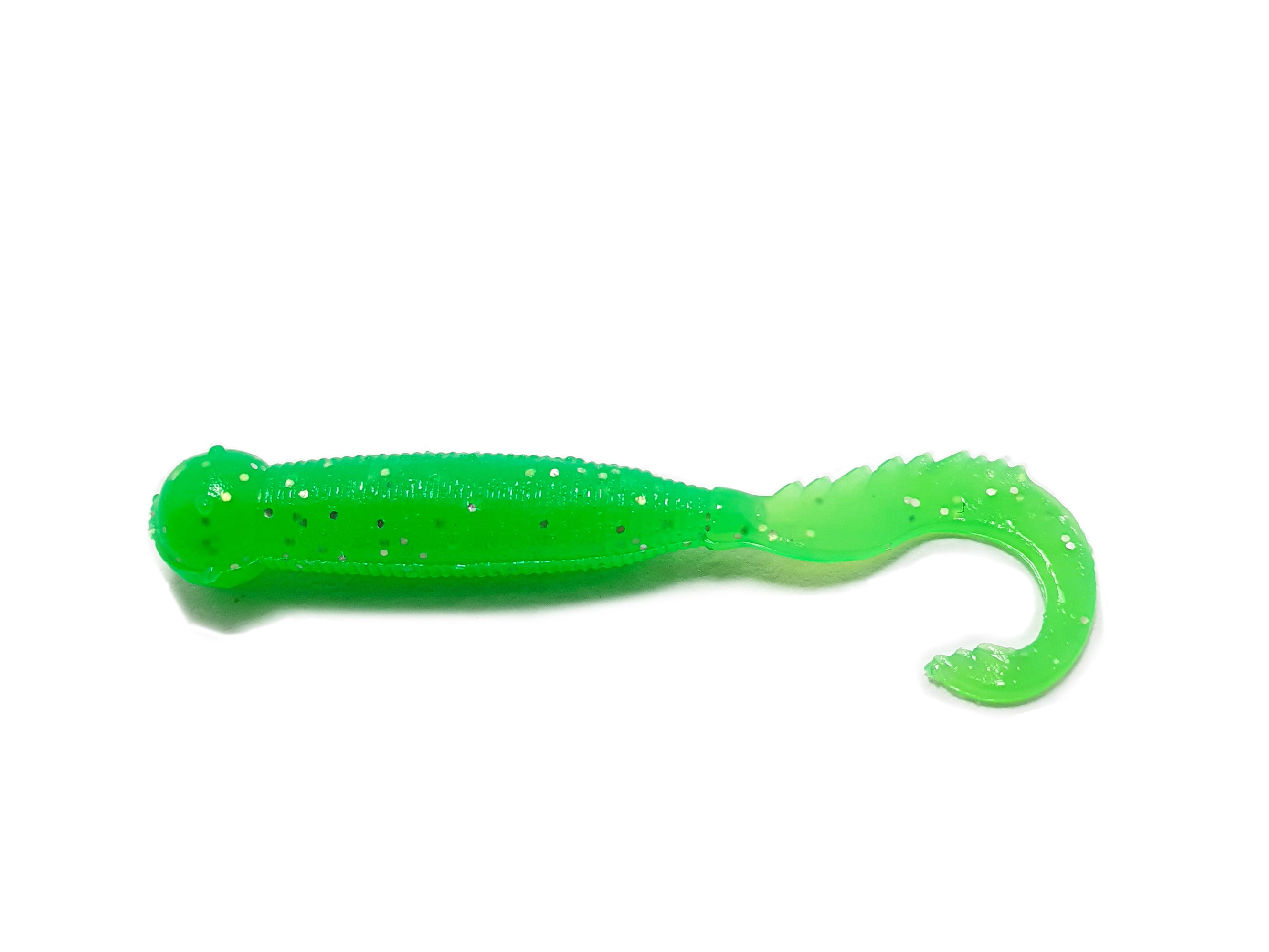 Drago Boost 2-inch twister bait in vibrant colors, showcasing its thickened tail and soft silicone texture, ideal for attracting predatory fish.