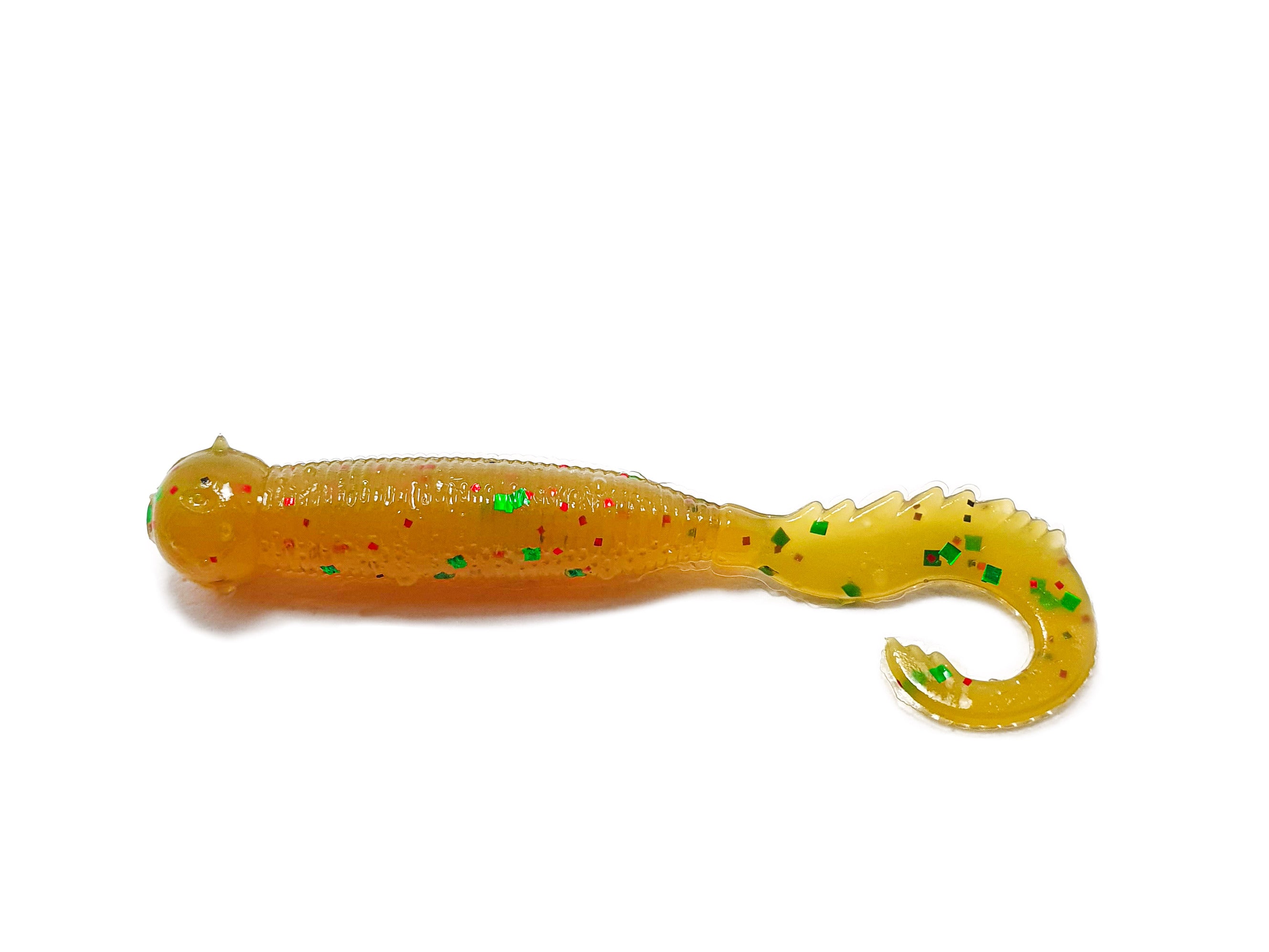 Drago Boost 2-inch twister bait in vibrant colors, showcasing its thickened tail and soft silicone texture, ideal for attracting predatory fish.