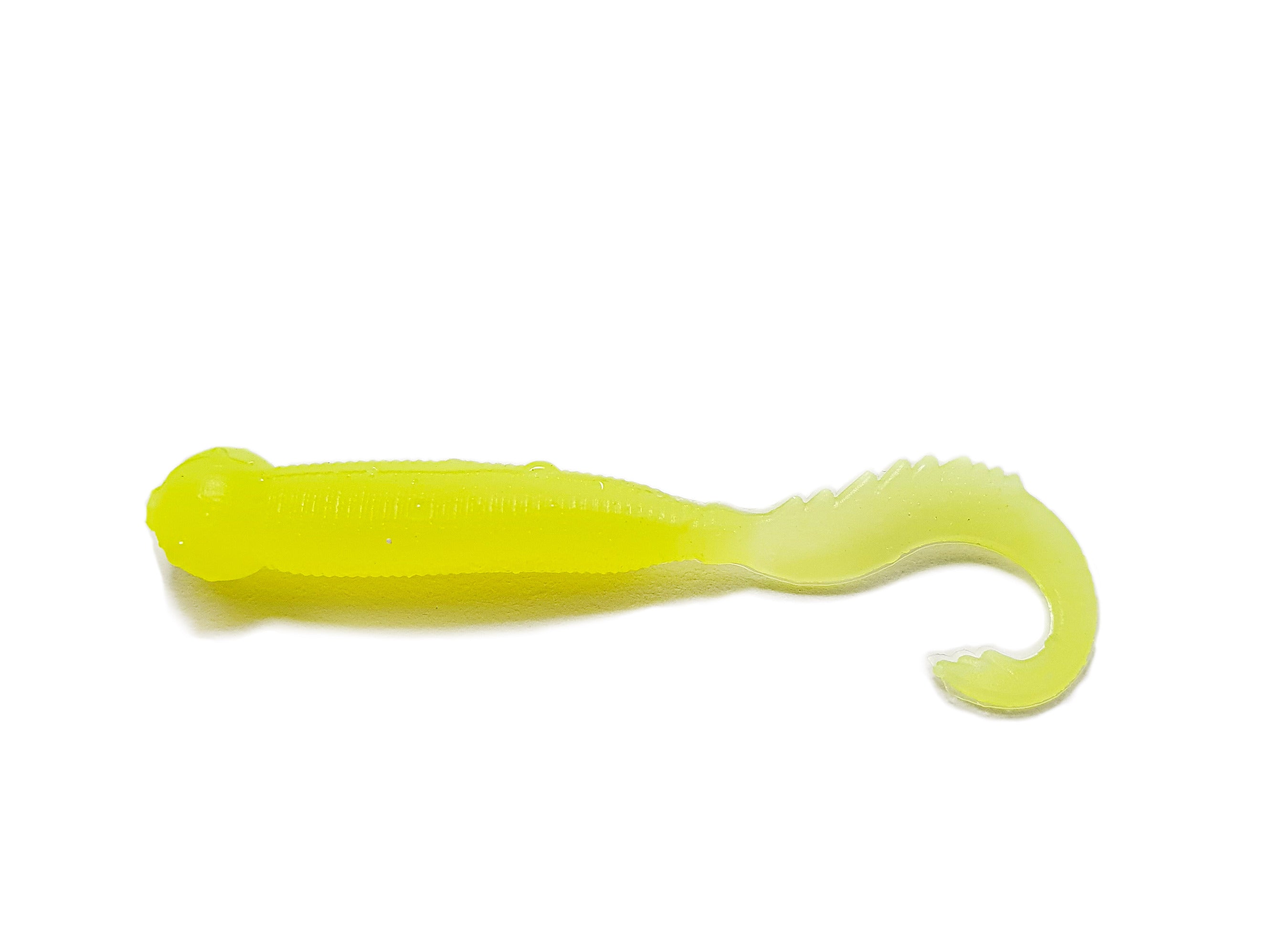 Drago Boost 2-inch twister bait in vibrant colors, showcasing its thickened tail and soft silicone texture, ideal for attracting predatory fish.