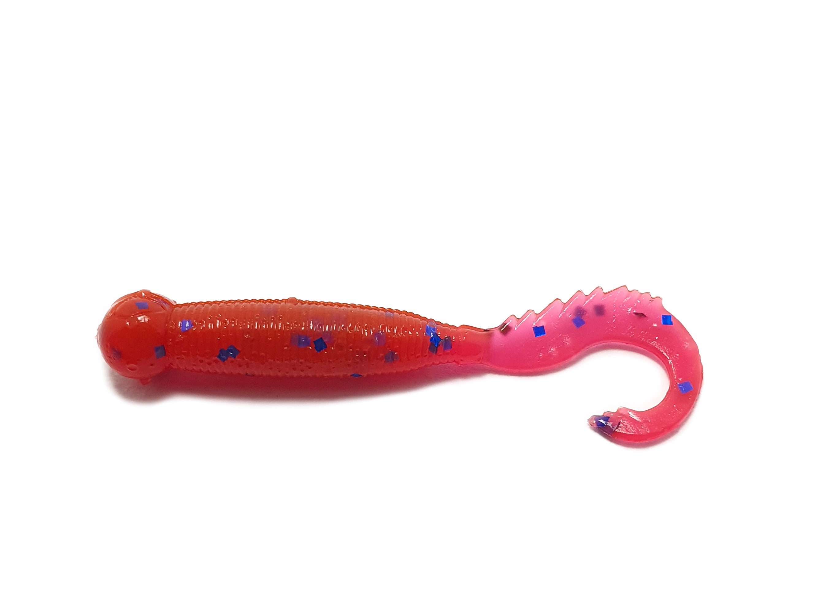 Drago Boost 2-inch twister bait in vibrant colors, showcasing its thickened tail and soft silicone texture, ideal for attracting predatory fish.