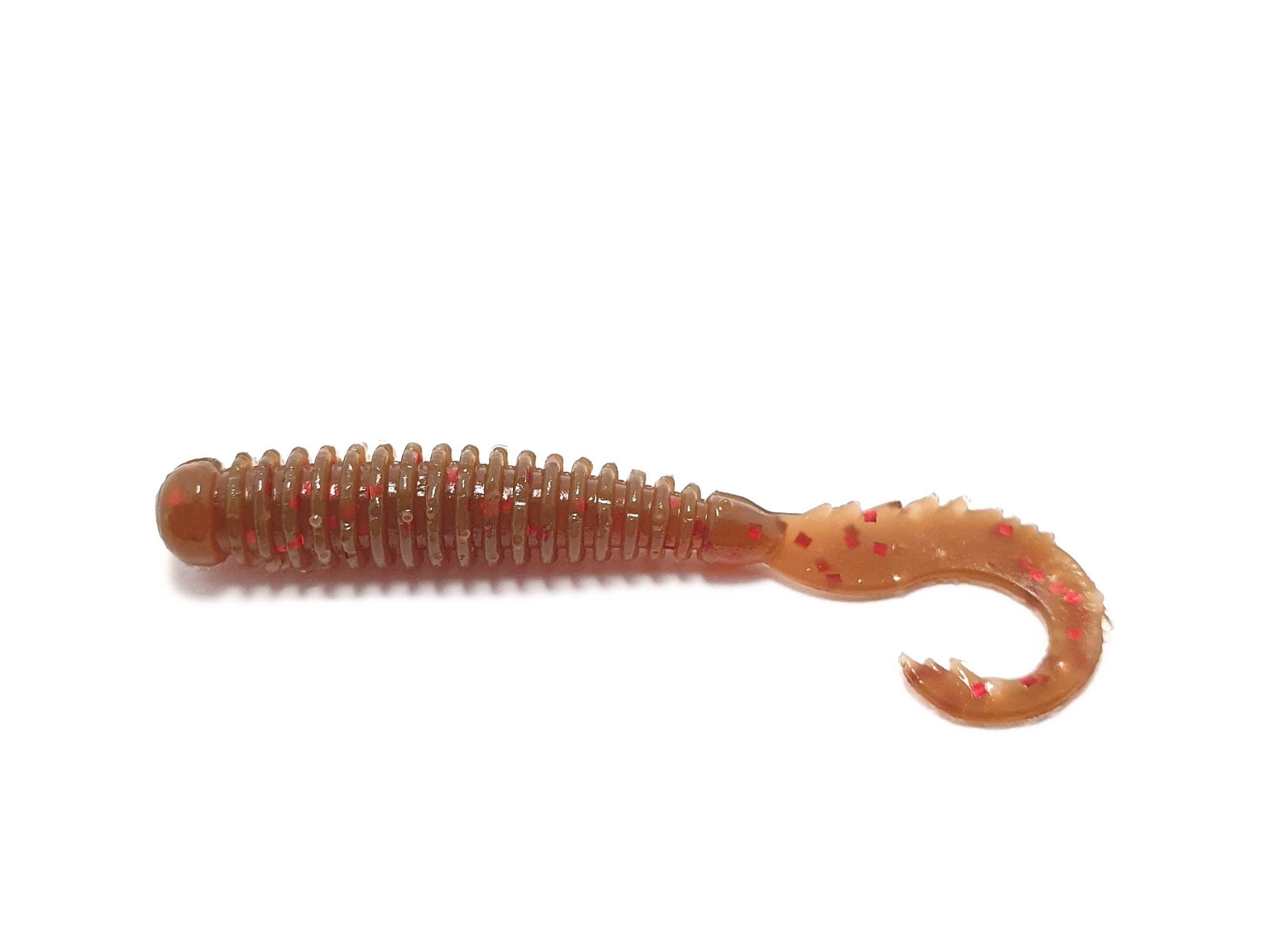 G. Drago Floating 2.5'' twister bait in a pack, showcasing its ribbed body and vibrant color, designed for effective fishing.