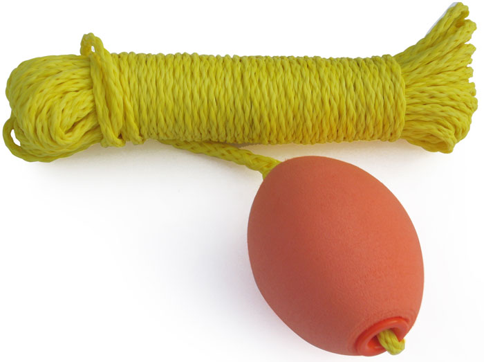 KEMPUSA 10-225 60 Ft. Economy Throw Rope in bright yellow with attached buoy, ideal for water rescue.