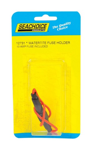 Seachoice 12731 12 V Fuse Holder with 10 amp capacity, featuring a watertight body and 8-inch 16-gauge wire.