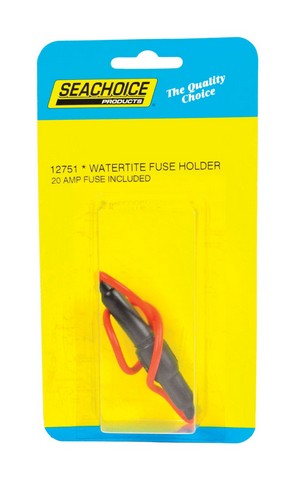 Seachoice 12751 20 amp Fuse Holder with 8" wire, designed for 12 volt systems, featuring a watertight body and nickel plated brass fuse.