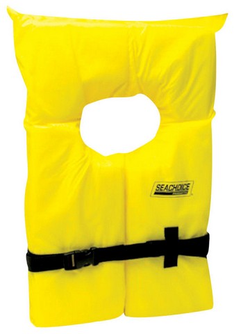 Seachoice 86040 Yellow Child Life Vest, bright yellow with adjustable straps, designed for safety and comfort in calm water.