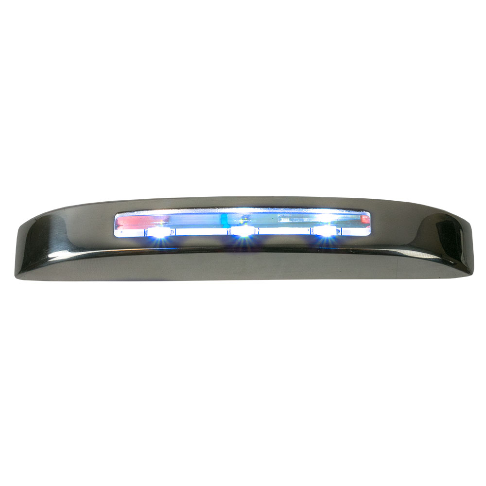 Sea-Dog 401423-1 Deluxe LED Courtesy Light in blue with stainless steel cover, showcasing its modern design and lightweight construction.