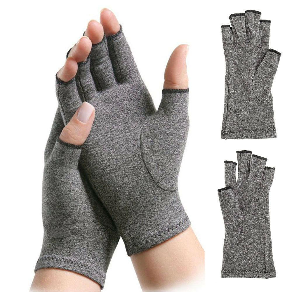 A pair of grey compression arthritis gloves designed for joint pain relief, featuring a fingerless design for enhanced dexterity.