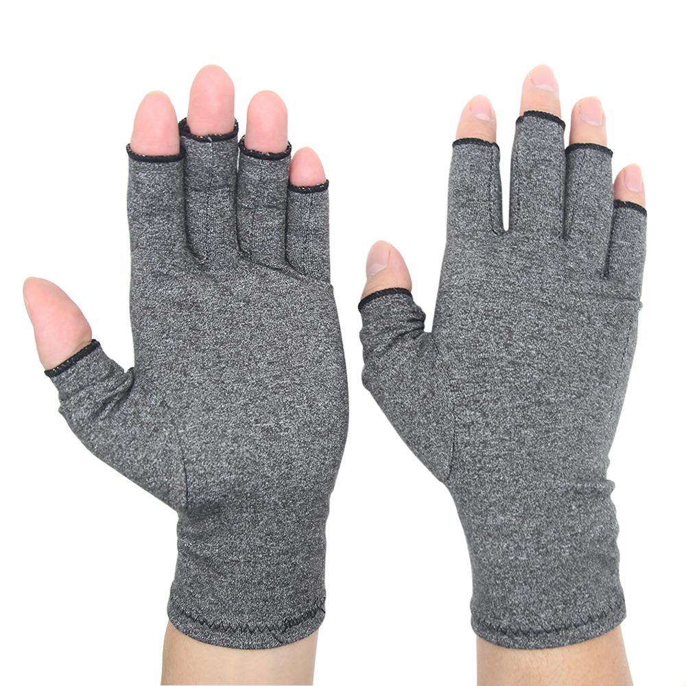 A pair of grey compression arthritis gloves designed for joint pain relief, featuring a fingerless design for enhanced dexterity.