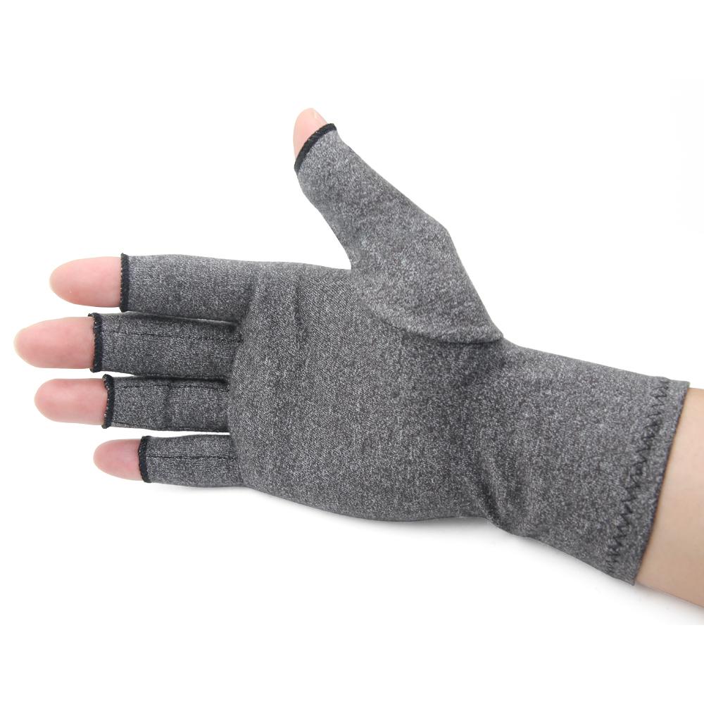 A pair of grey compression arthritis gloves designed for joint pain relief, featuring a fingerless design for enhanced dexterity.