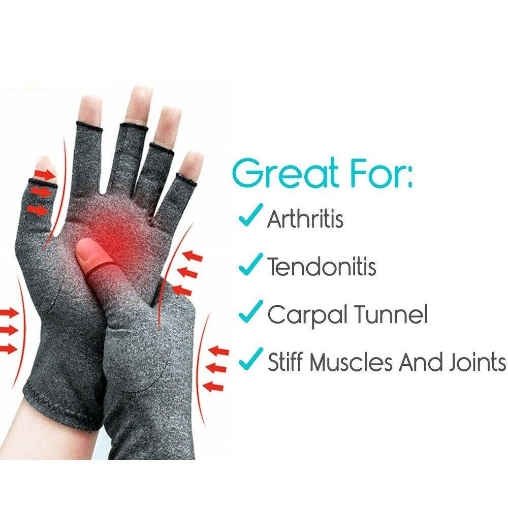 A pair of grey compression arthritis gloves designed for joint pain relief, featuring a fingerless design for enhanced dexterity.