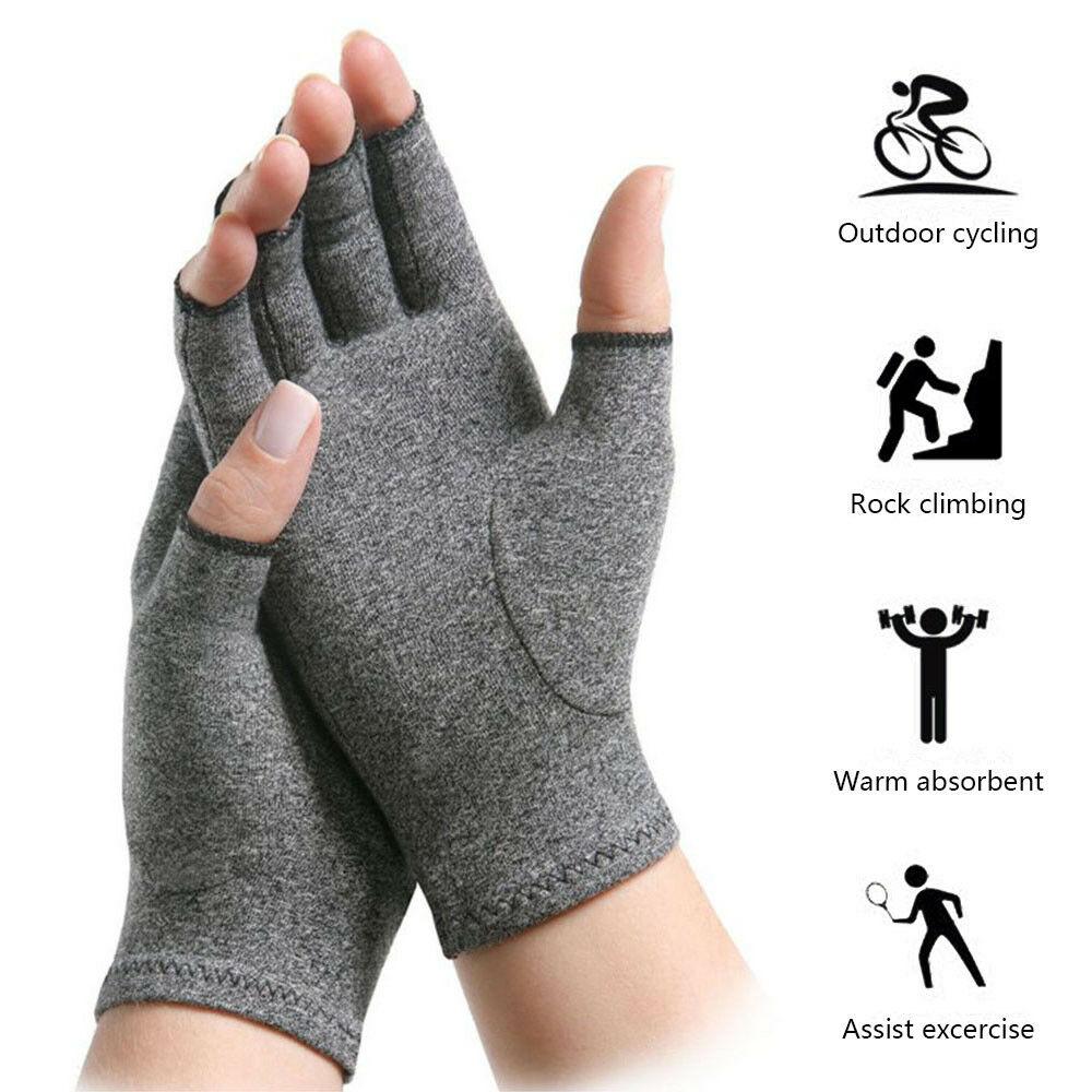 A pair of grey compression arthritis gloves designed for joint pain relief, featuring a fingerless design for enhanced dexterity.