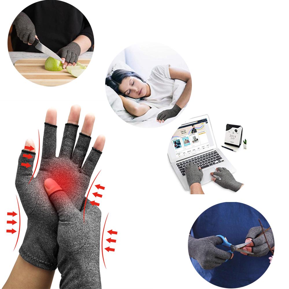 A pair of grey compression arthritis gloves designed for joint pain relief, featuring a fingerless design for enhanced dexterity.