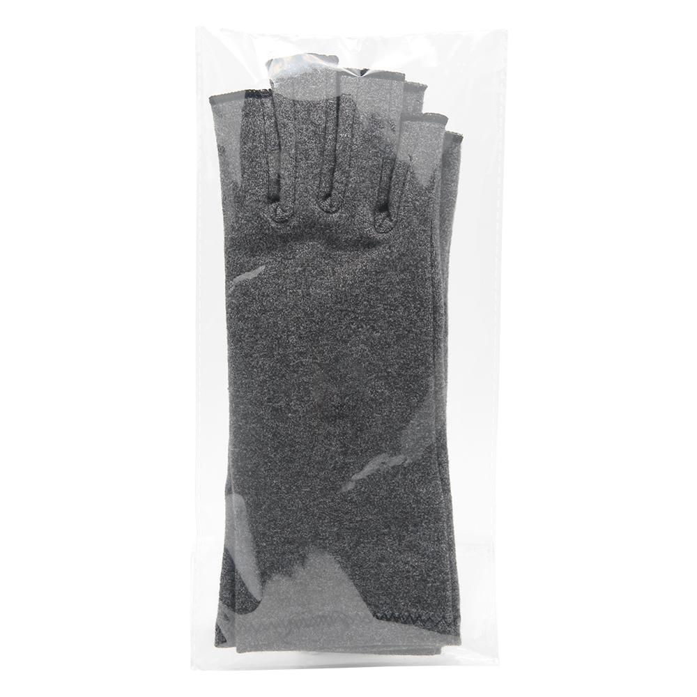 A pair of grey compression arthritis gloves designed for joint pain relief, featuring a fingerless design for enhanced dexterity.