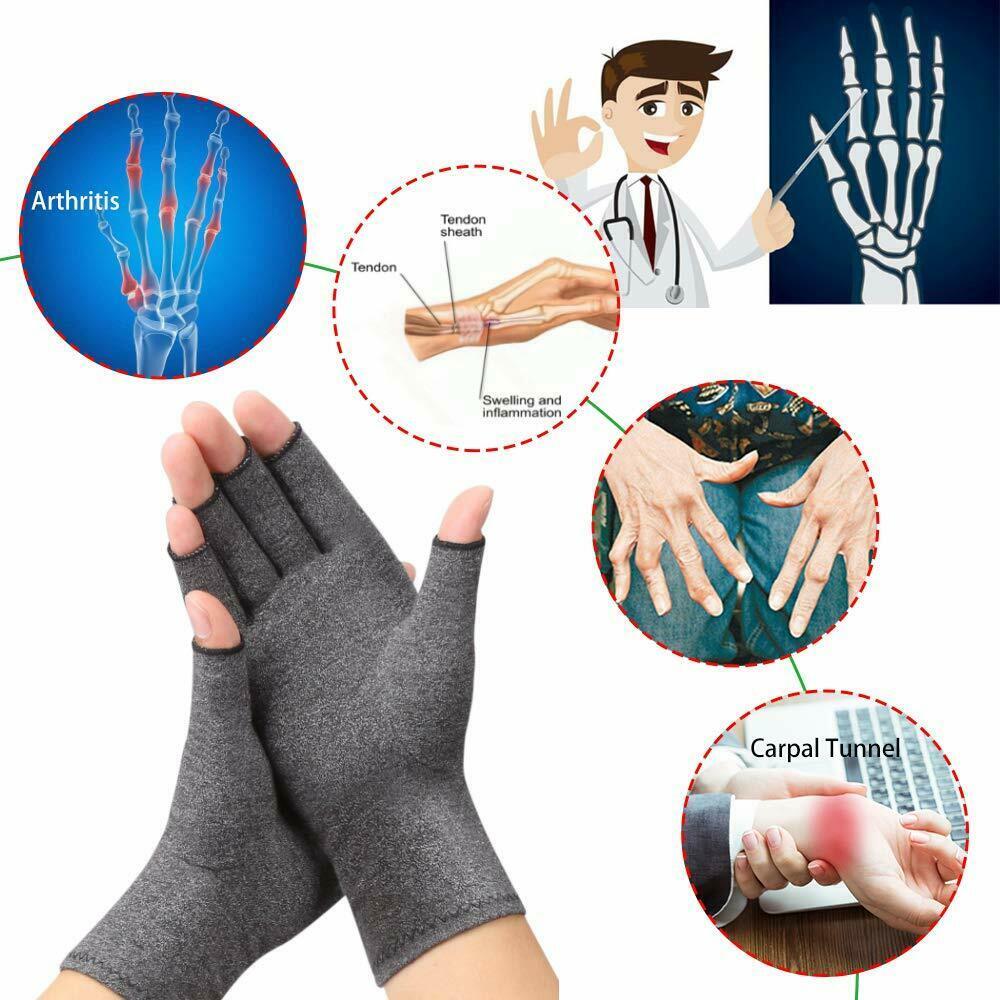 A pair of grey compression arthritis gloves designed for joint pain relief, featuring a fingerless design for enhanced dexterity.