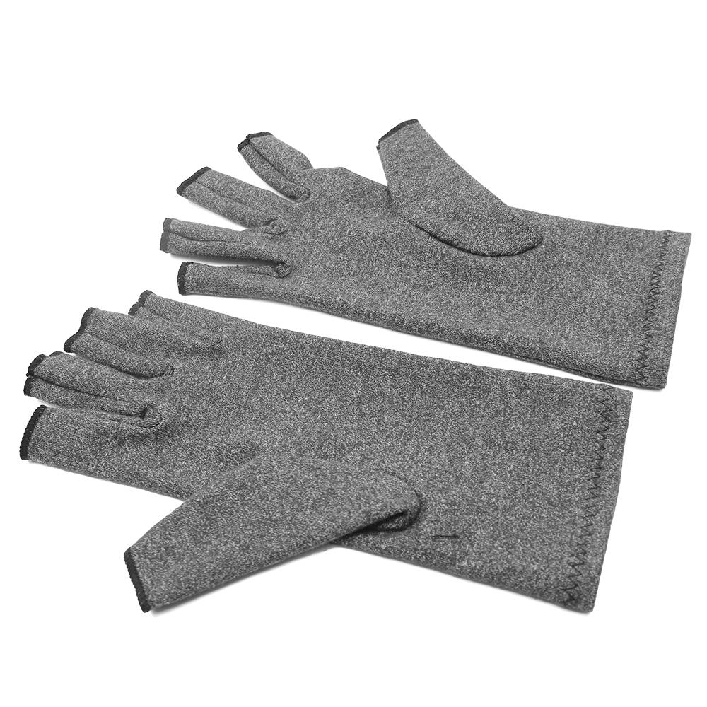 A pair of grey compression arthritis gloves designed for joint pain relief, featuring a fingerless design for enhanced dexterity.