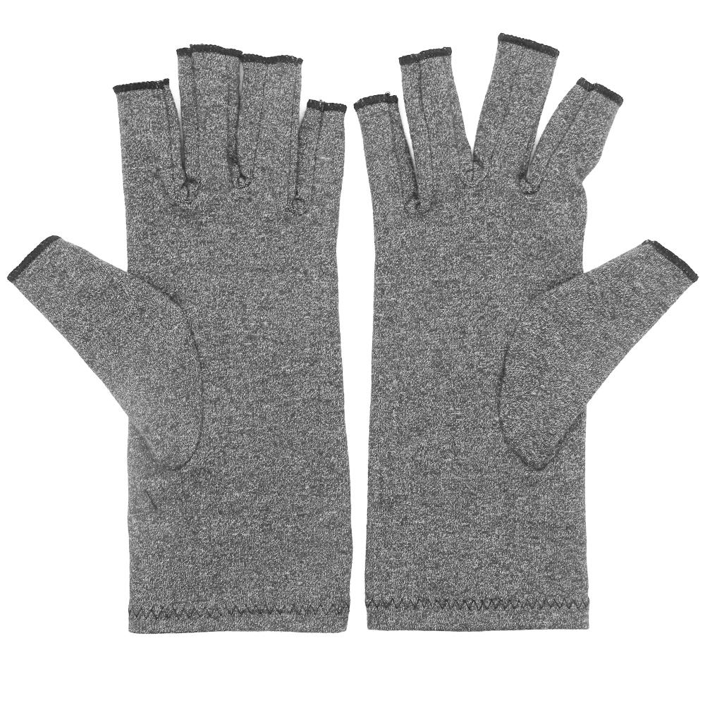 A pair of grey compression arthritis gloves designed for joint pain relief, featuring a fingerless design for enhanced dexterity.