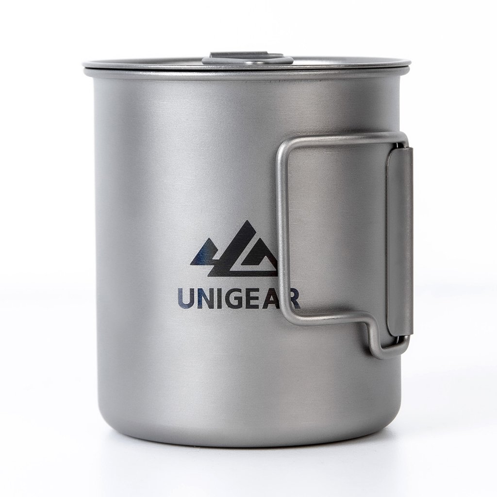 Silver camping mug with handle.